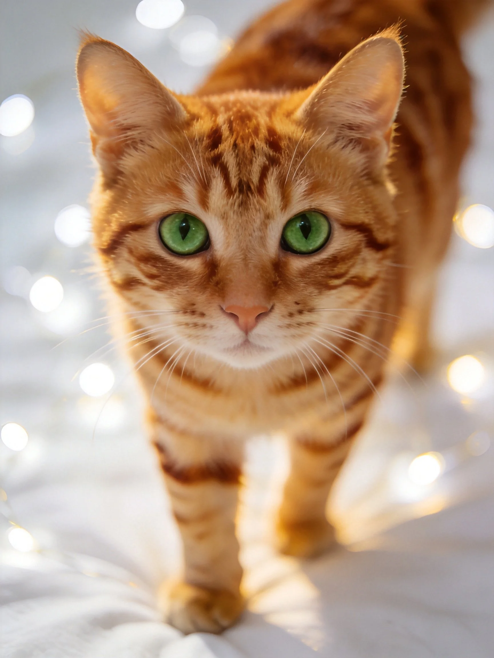 An orange tabby cat with green eyes walks on a soft white surface amid glowing bokeh lights.