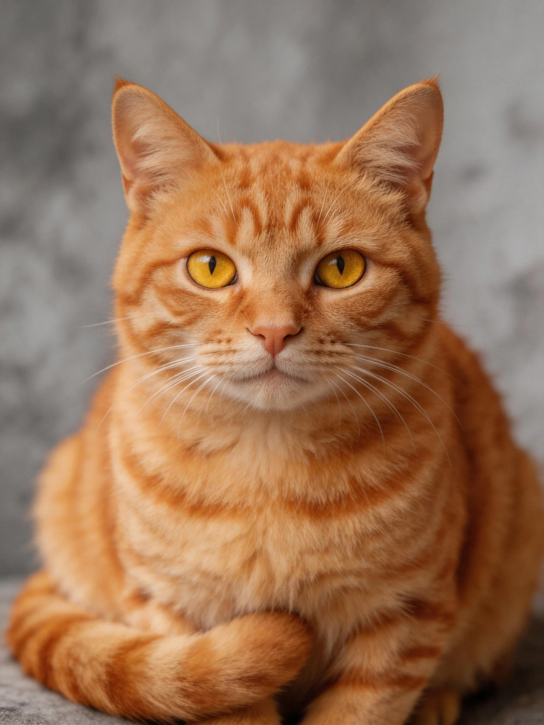An orange tabby cat with bright yellow eyes sits calmly against a muted gray background.