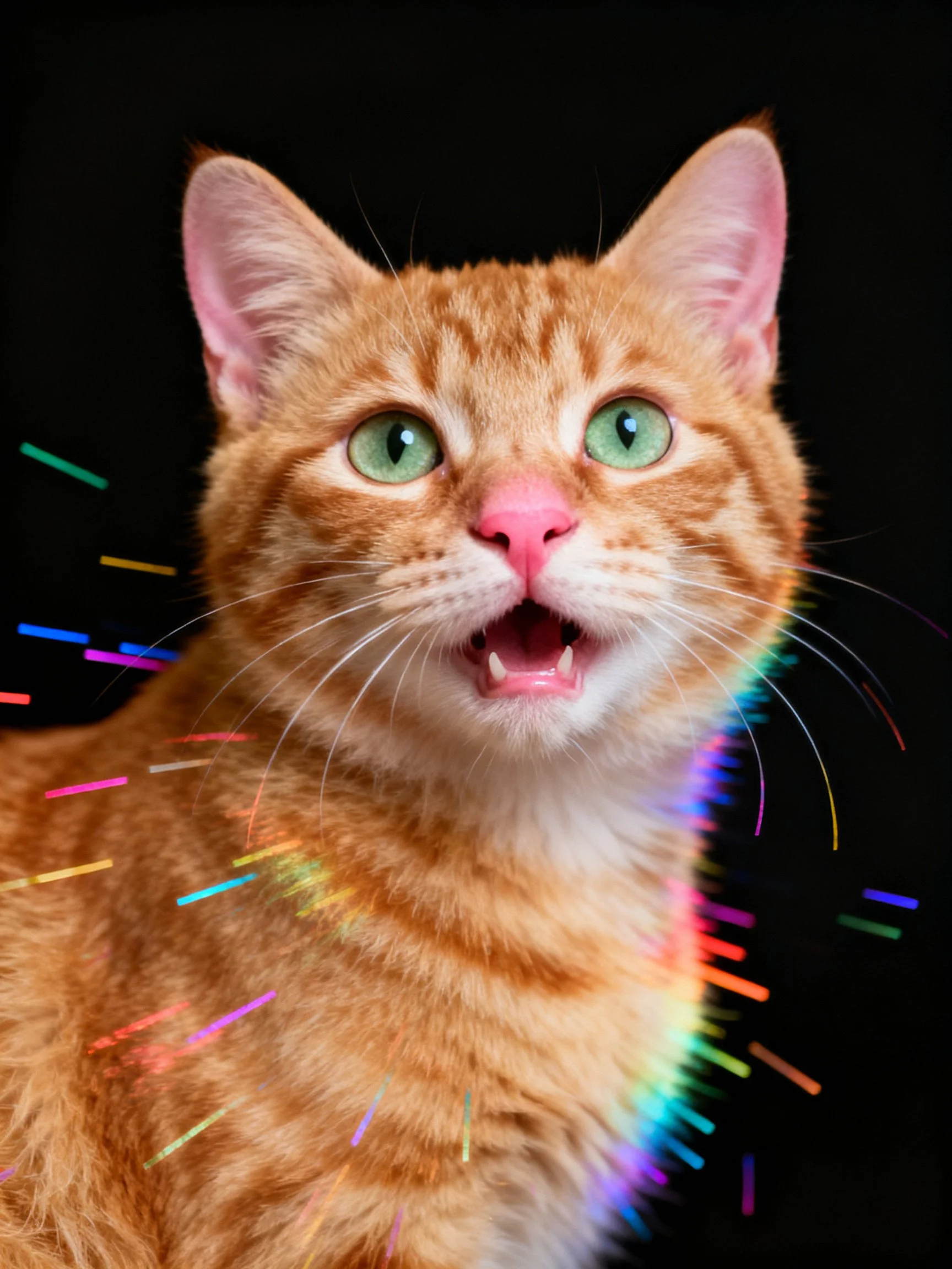 An orange tabby cat with green eyes is highlighted by colorful light streaks.
