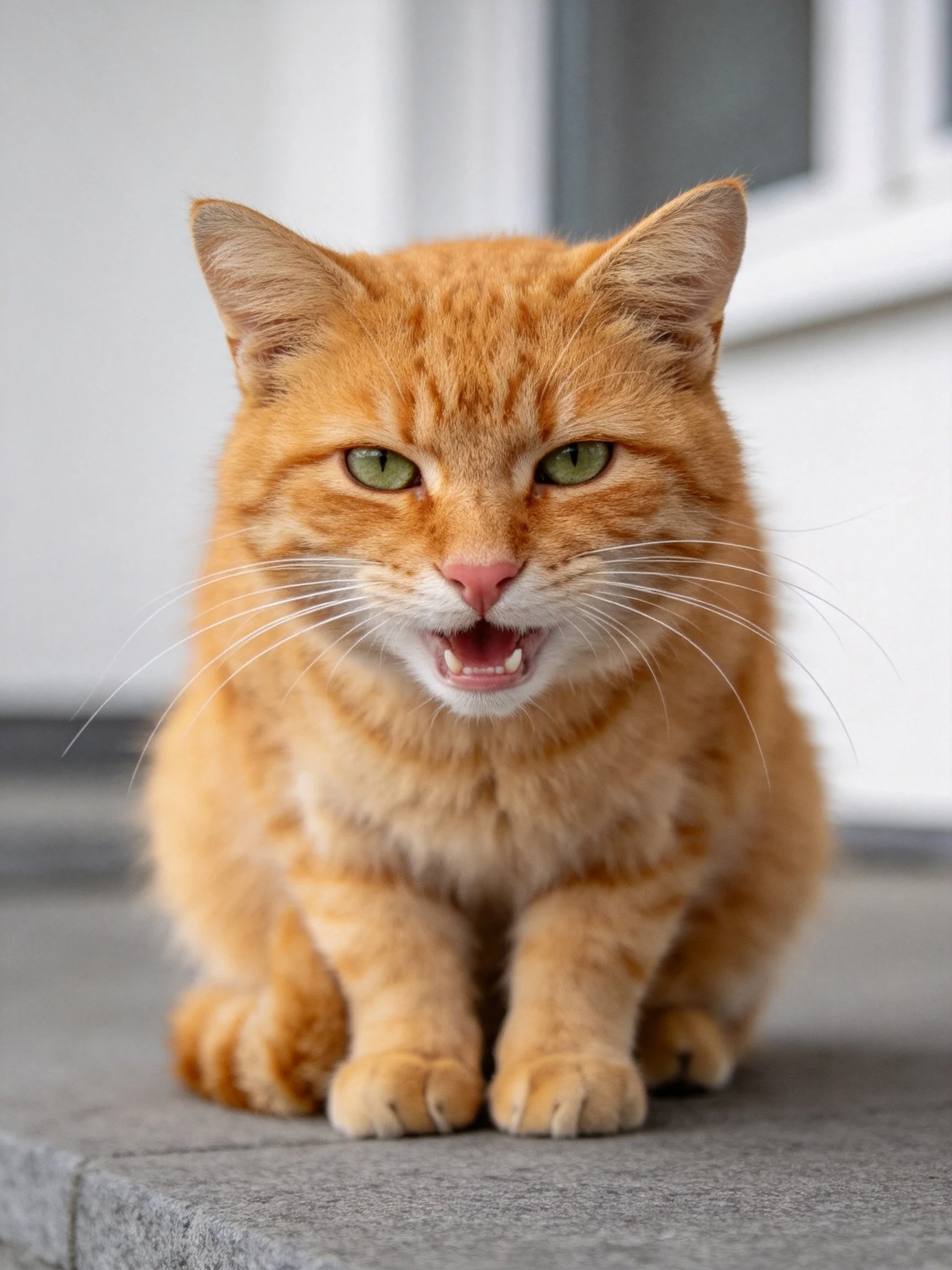An orange tabby cat with green eyes rests on a gray stone surface