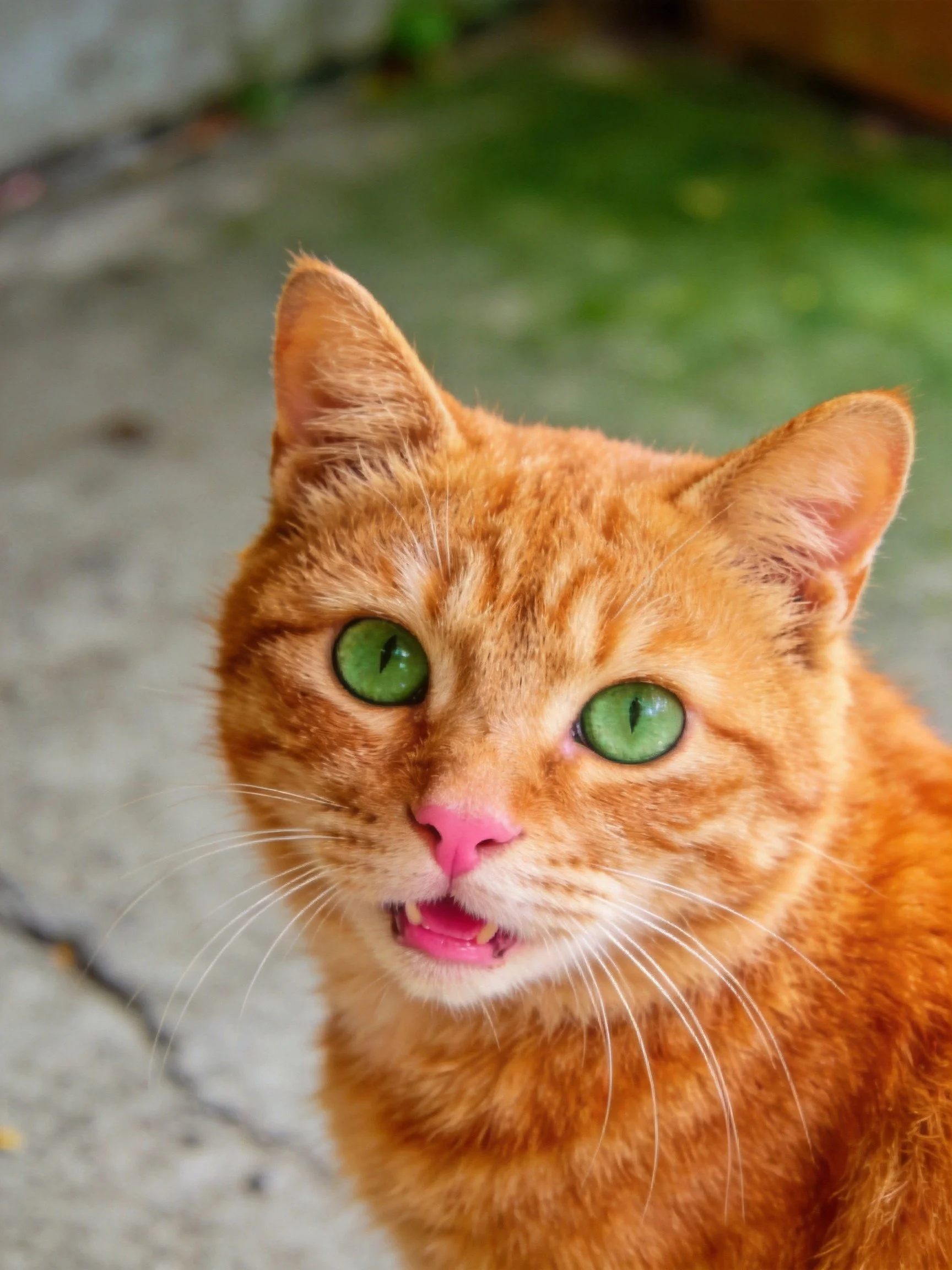 A vibrant orange tabby cat with striking green eyes sits on a concrete area.