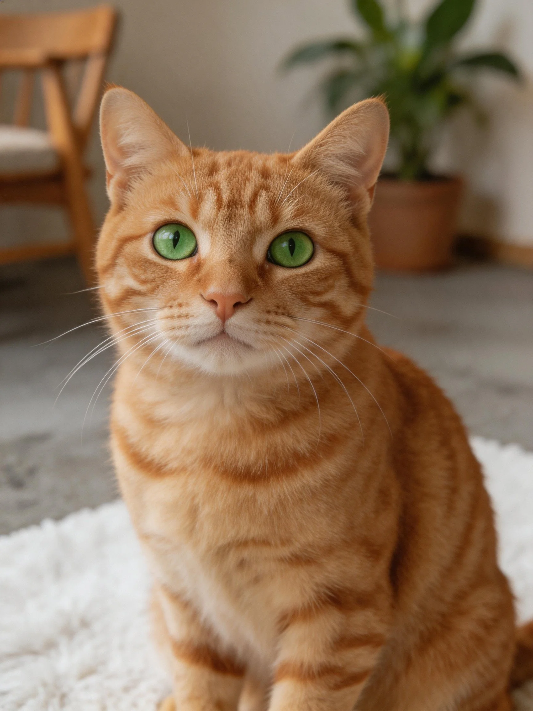 An orange tabby cat with green eyes sits indoors.
