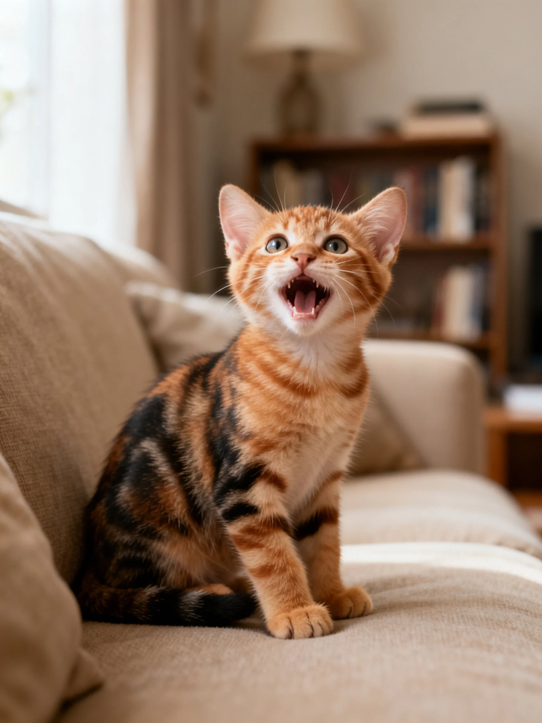A vibrant tabby kitten sits on a beige sofa with open mouth