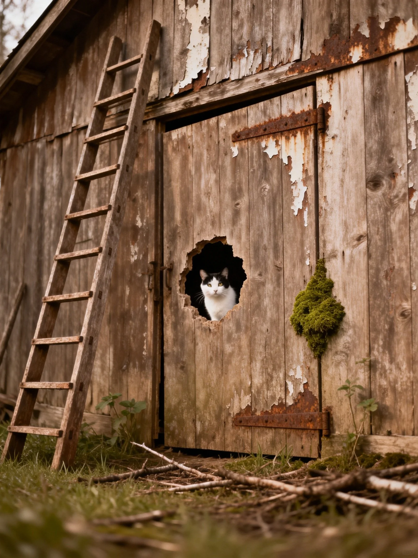 A weathered brown barn with a black - white cat peeking through a hole