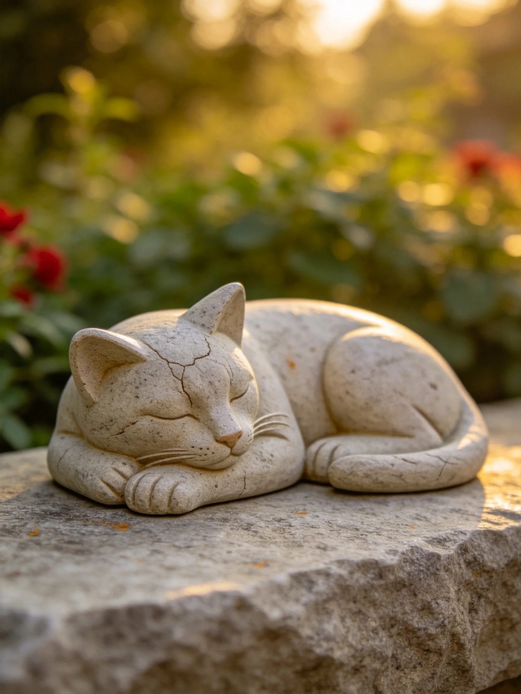 A weathered stone cat sculpture rests on a rock in a sunlit garden setting.