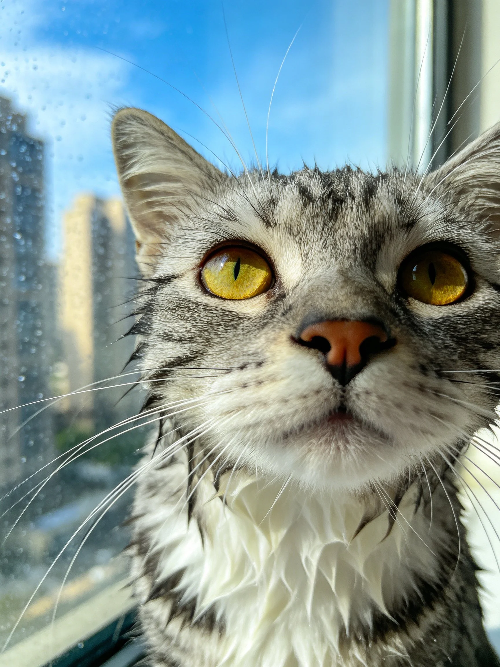 A wet gray tabby cat with bright yellow eyes near a rain - speckled window