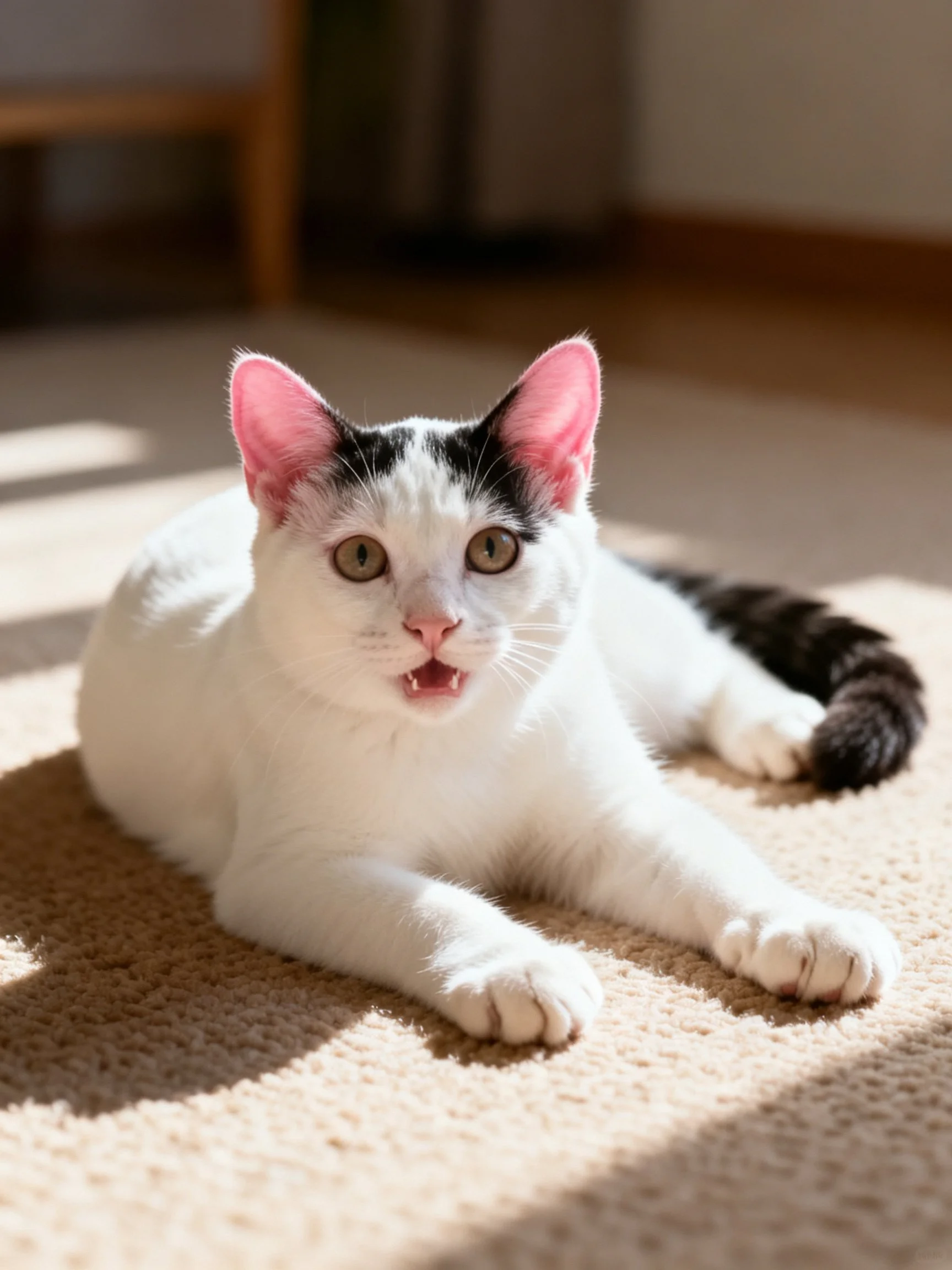 A white and black cat relaxes on a carpet illuminated by sunlight.