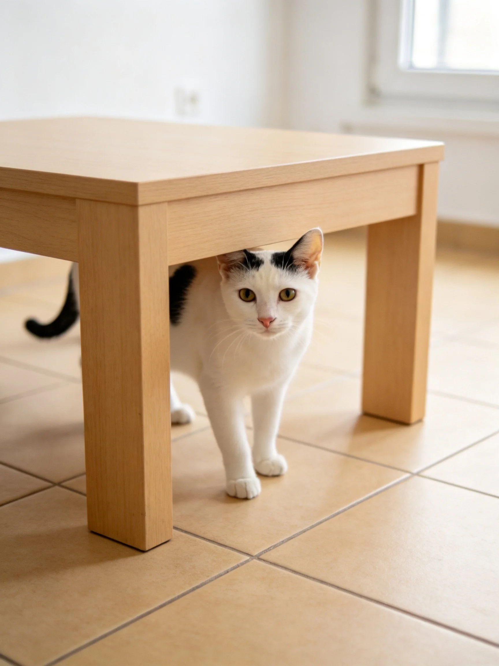 A white and black cat peeks from under a light wooden table on tiled floors