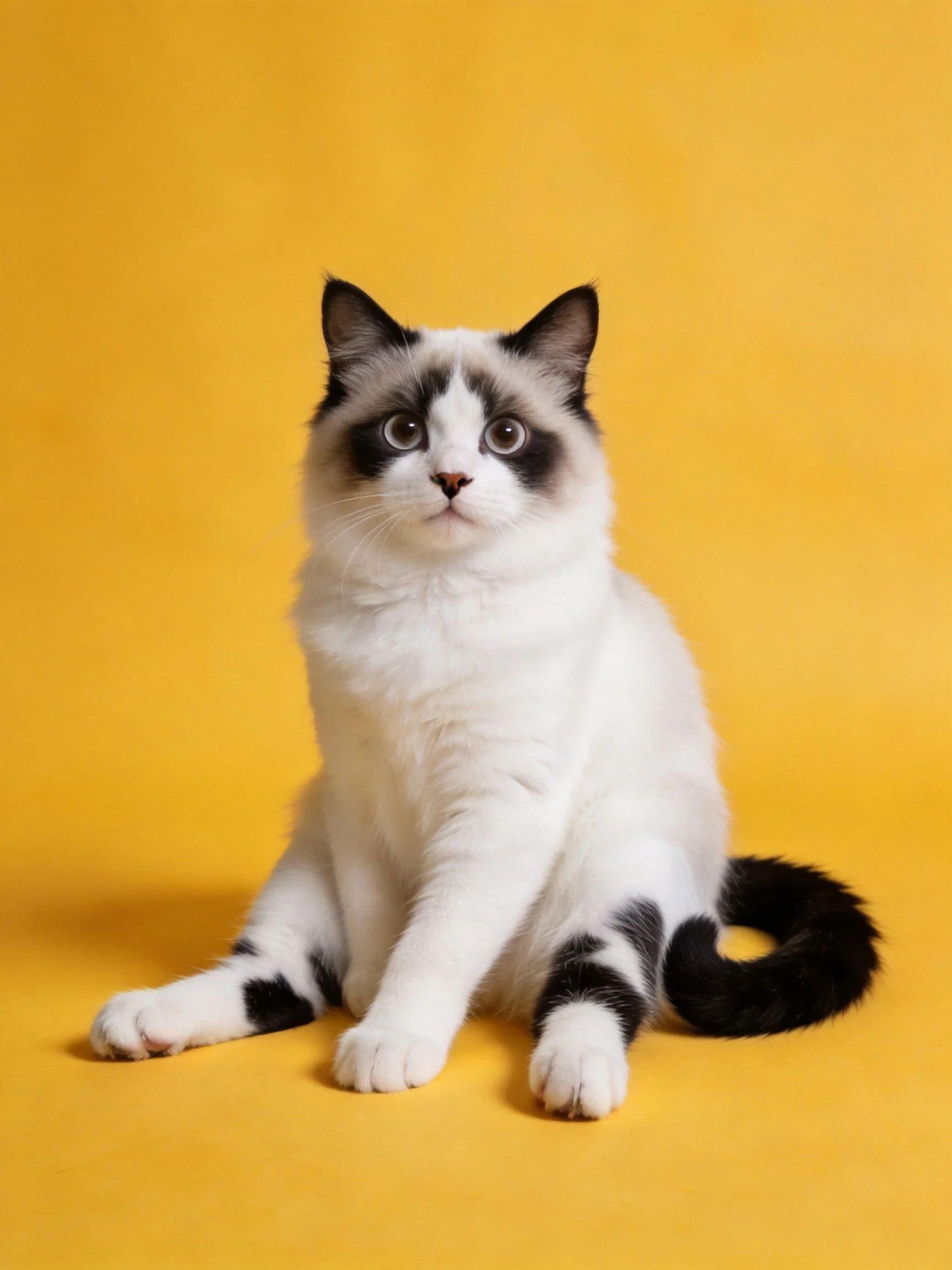 A white and black cat posed on a solid yellow surface