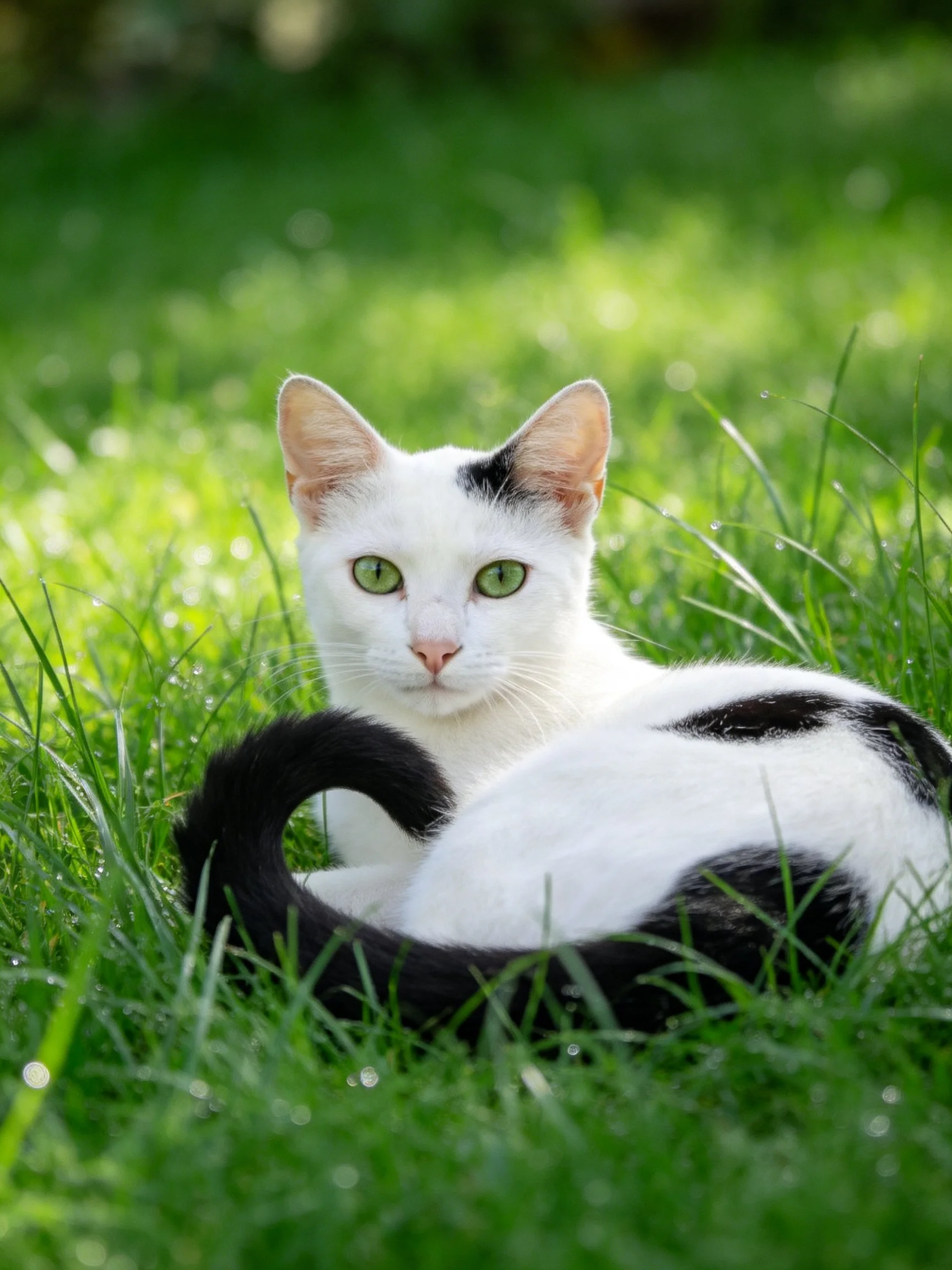 A white and black cat rests in lush green grass with bright green eyes