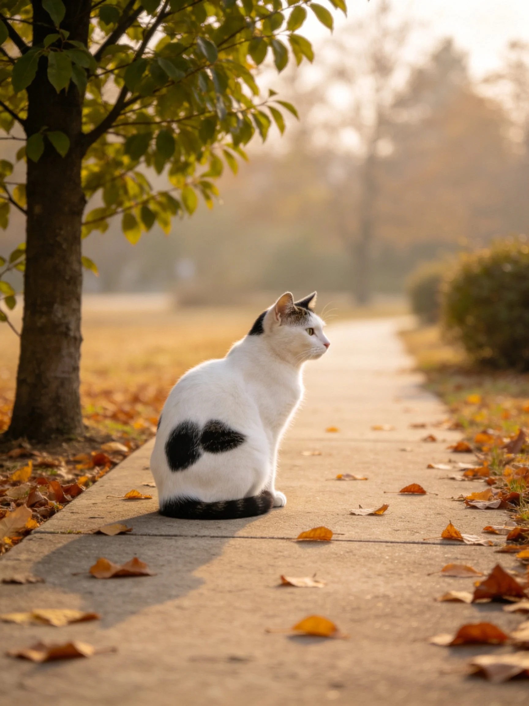 A white and black cat sits on a leaf-strewn autumn sidewalk near a tree