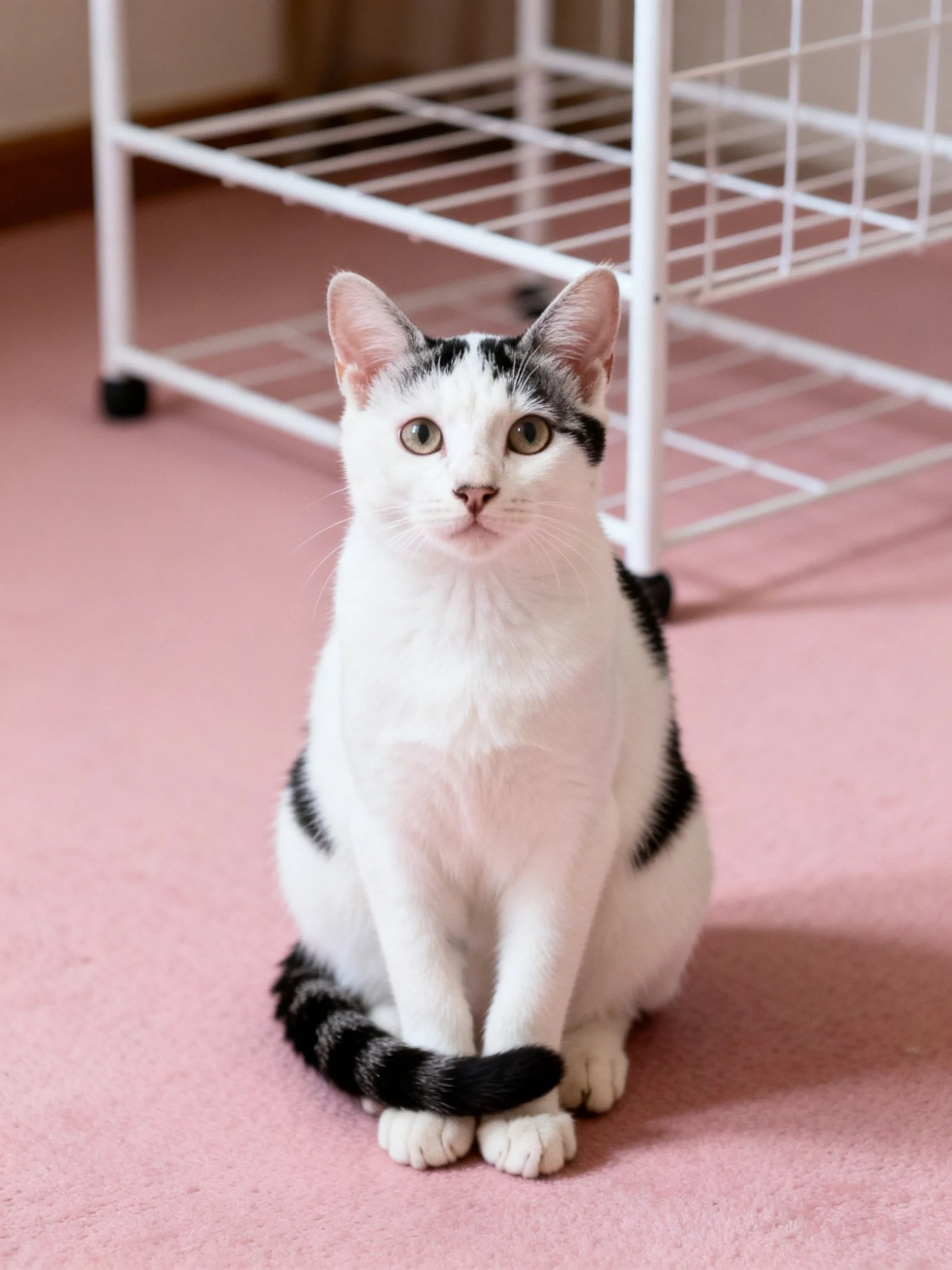 A white and black cat sits on a pink carpet beside a white wire rack