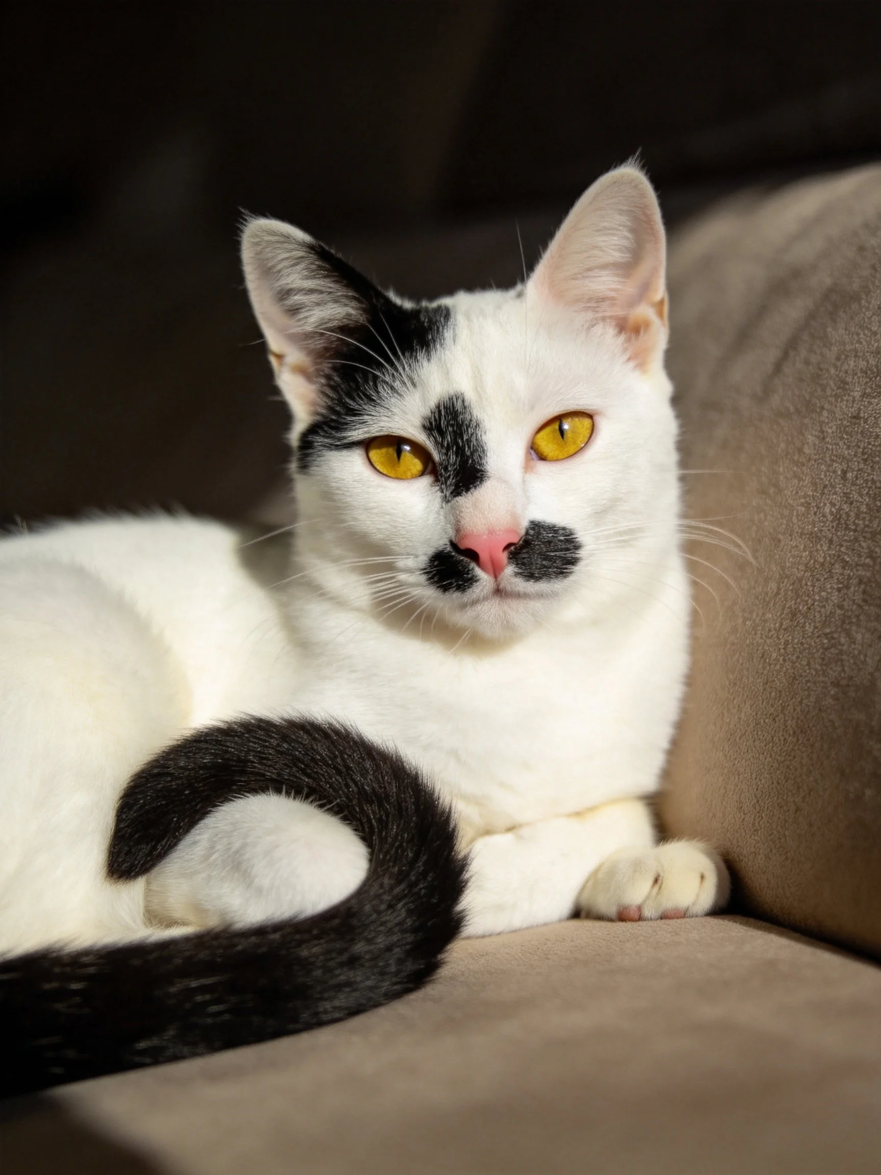 A white and black cat with bright yellow eyes lounging on a couch
