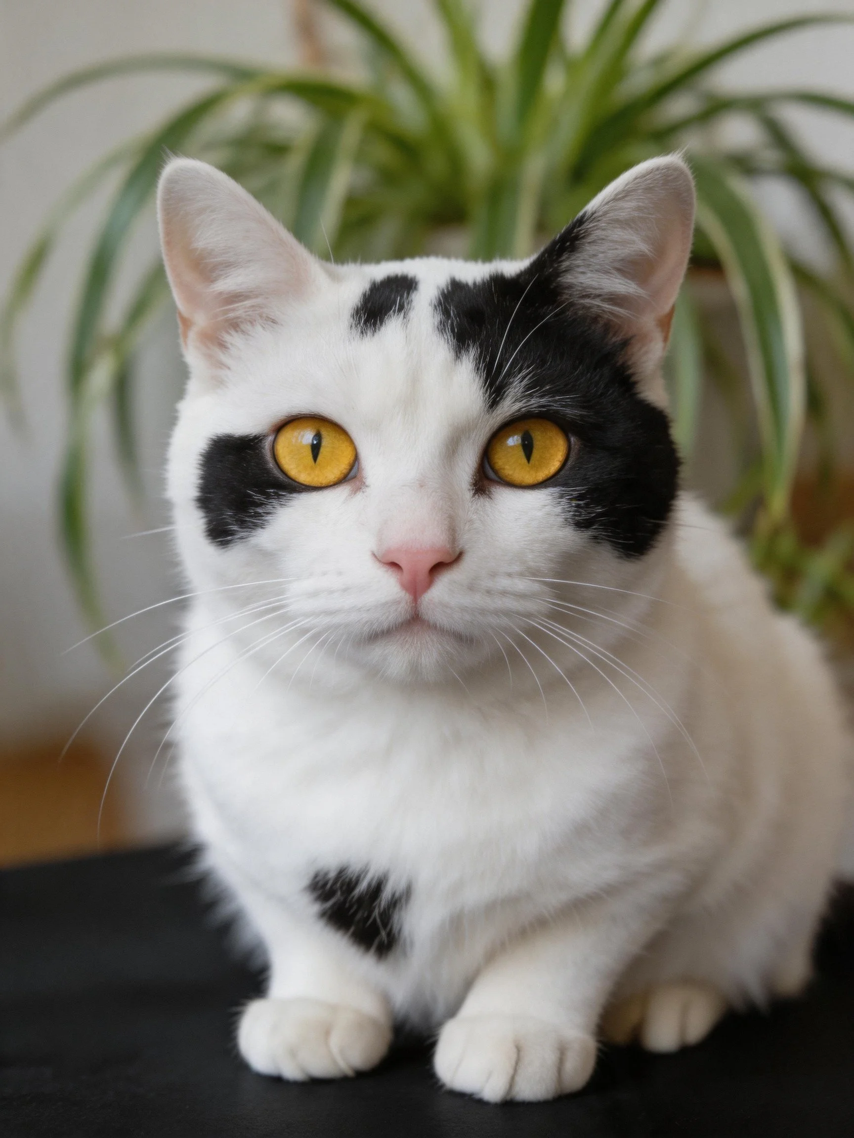 A white and black cat with bright yellow eyes sits near a green plant