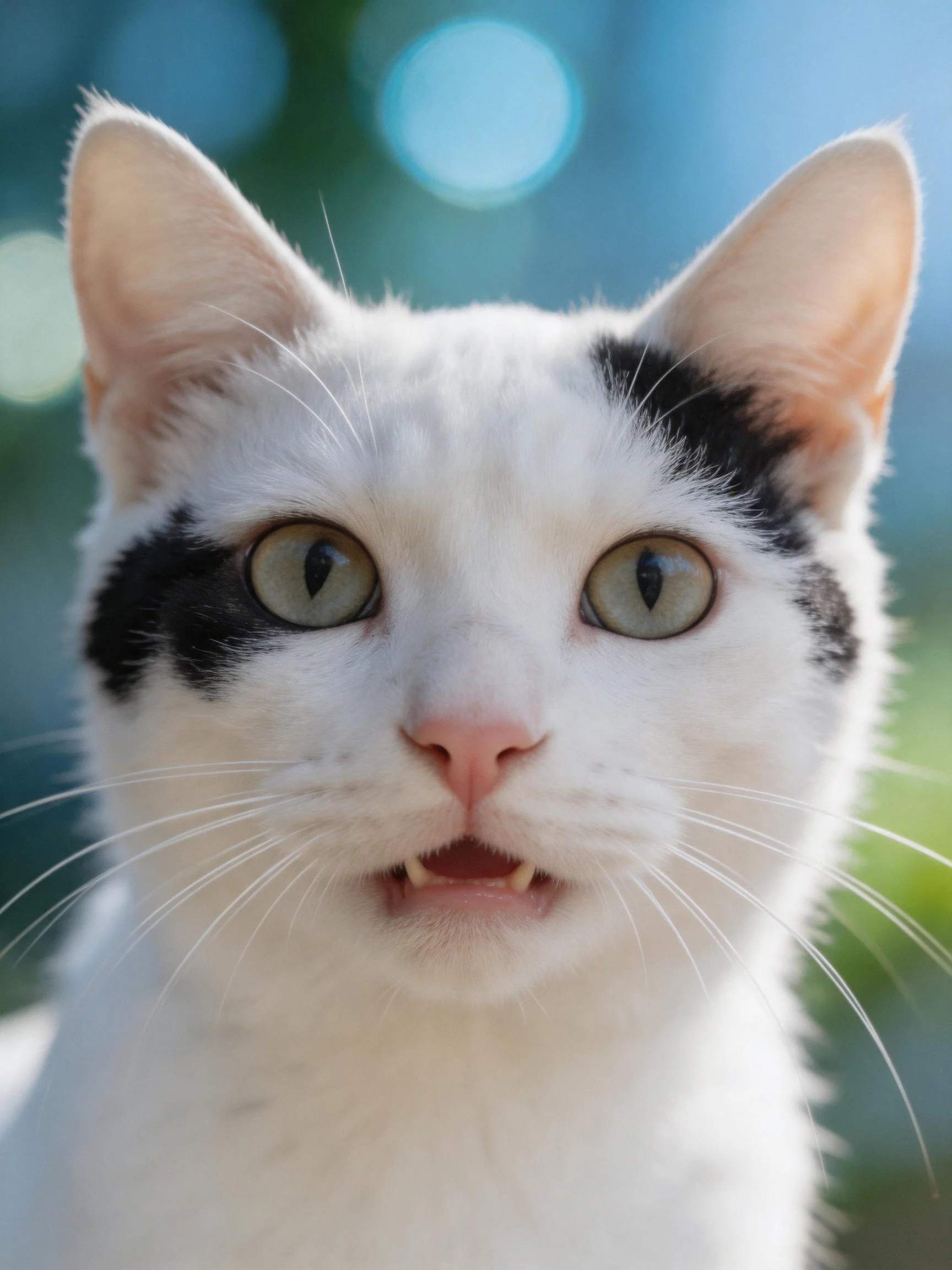 A white and black cat with green eyes is displayed against a blurred natural backdrop.