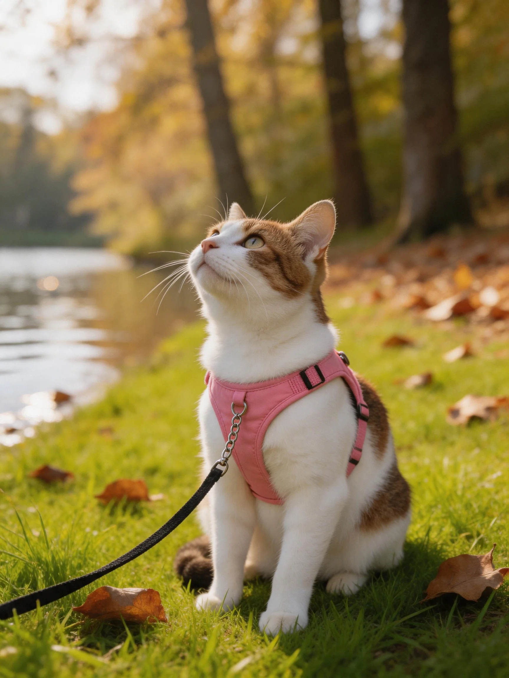 A white and brown cat in a pink harness sits by a riverside