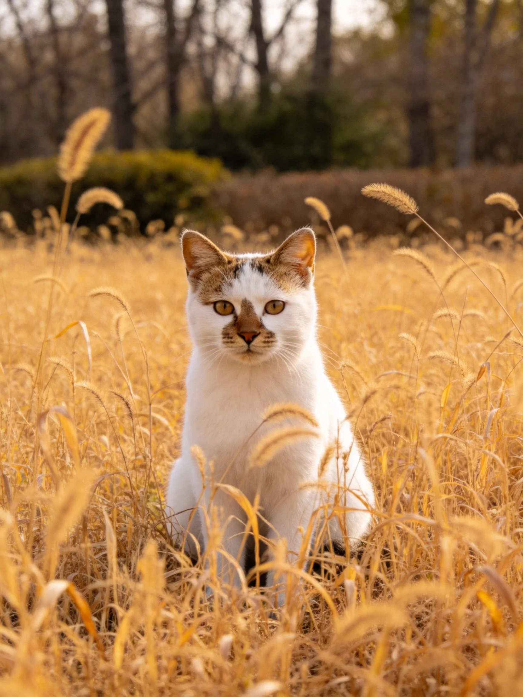 A cat with white and brown fur rests in a golden grassy field.