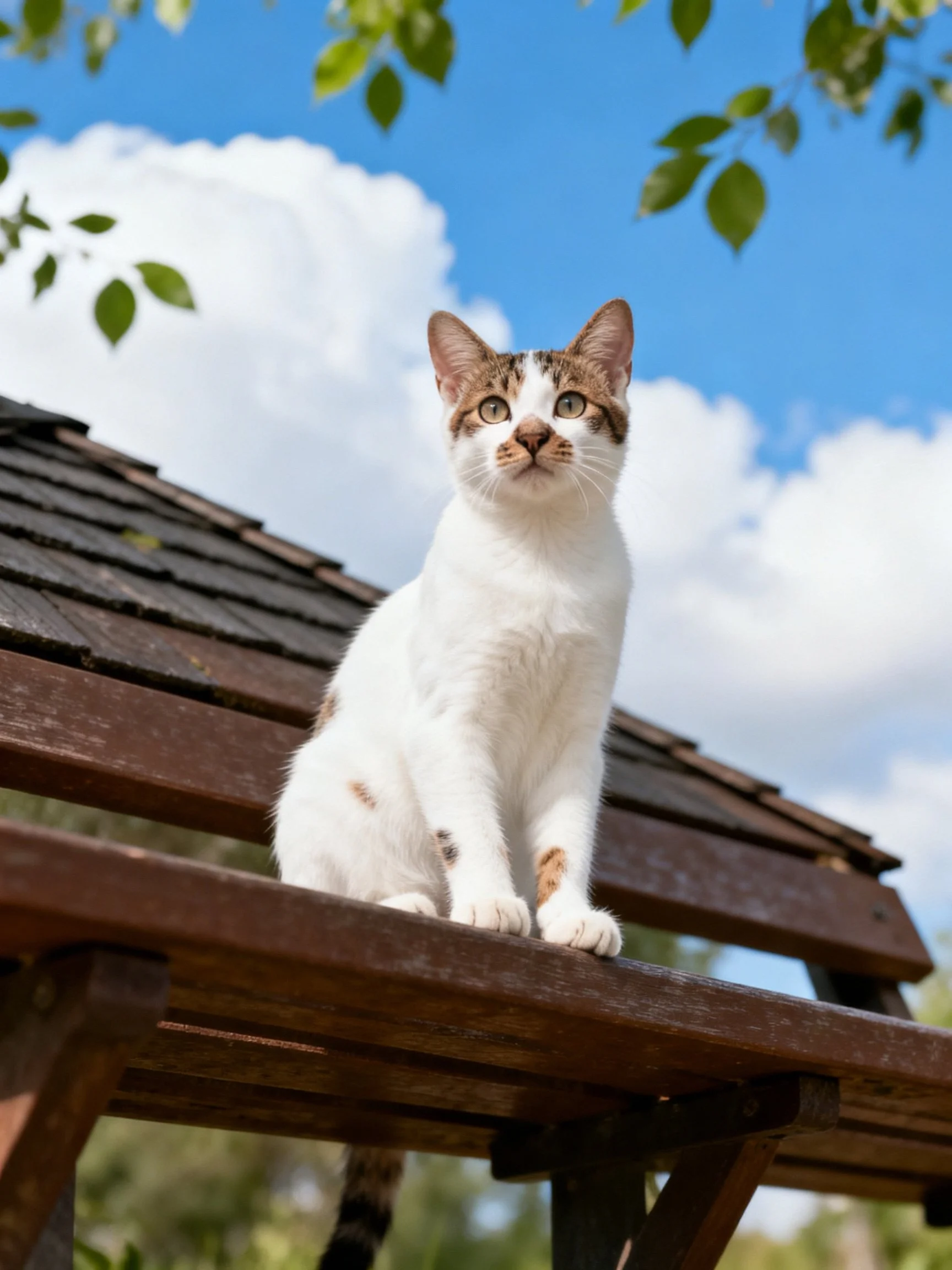 A cat sits on wood, gazing under a bright sky with clouds