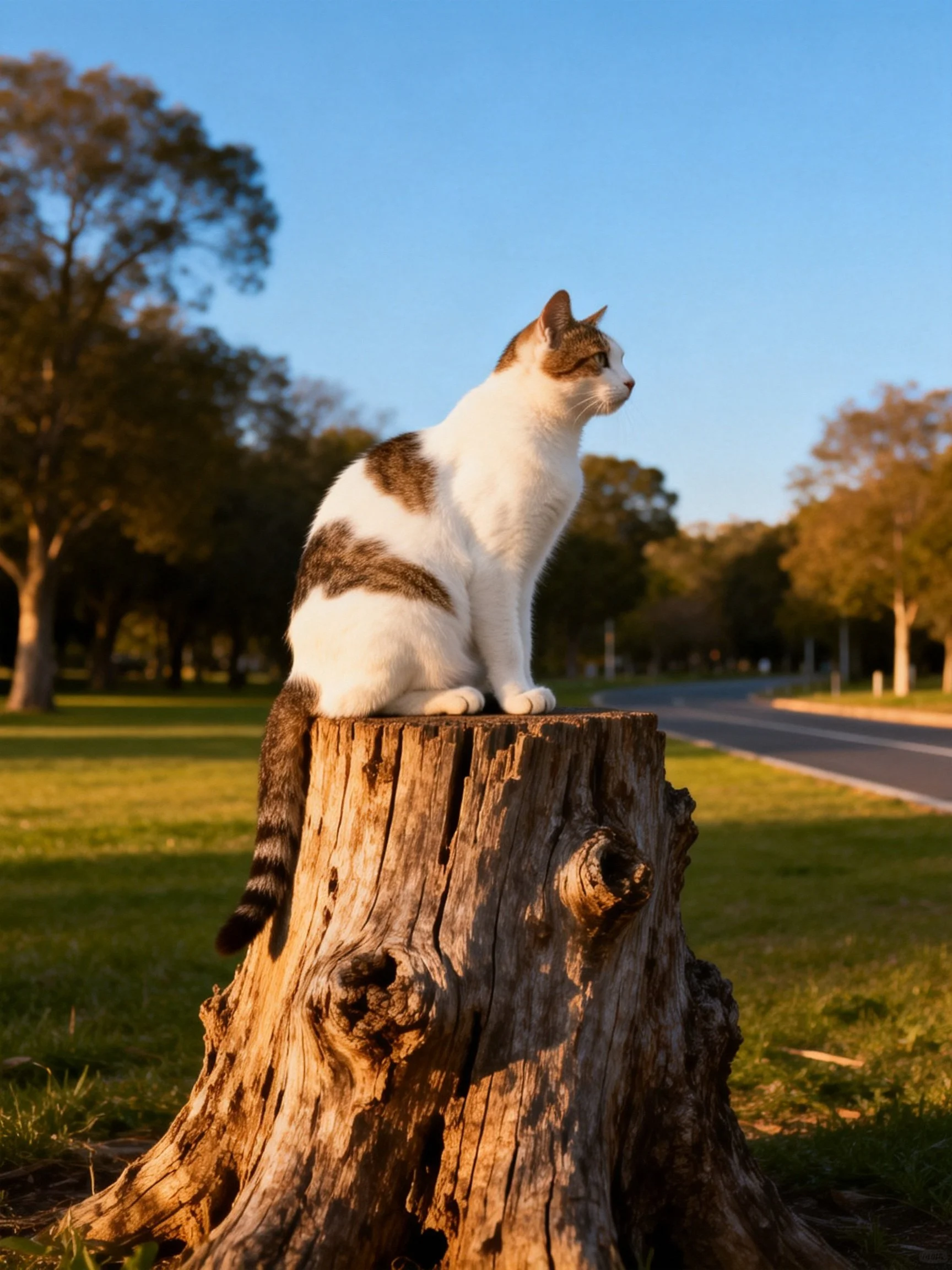 A white and brown cat sits on a weathered tree stump near a park road