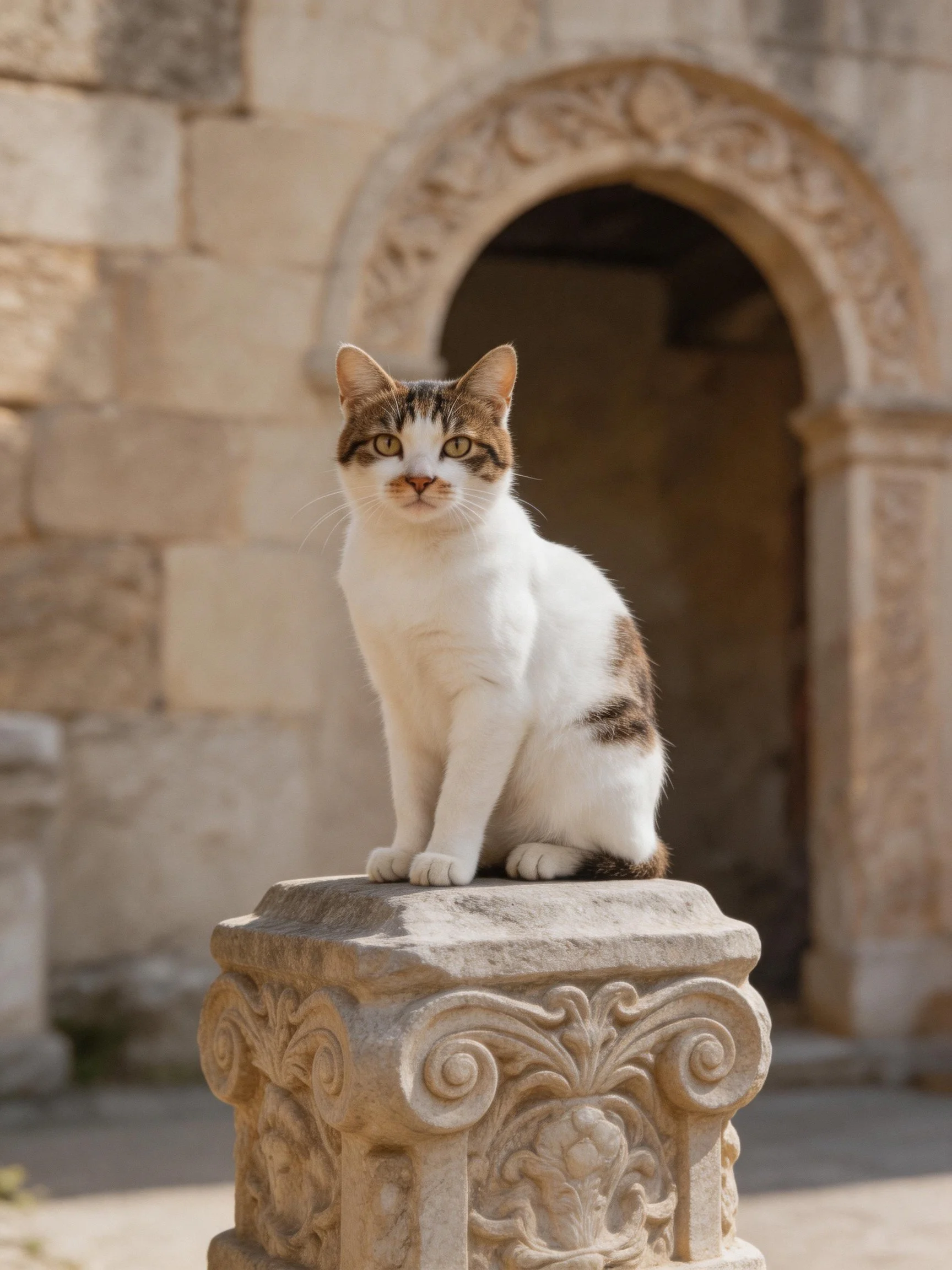 A white and brown cat sits on an ornate stone pedestal near an arched stone doorway.