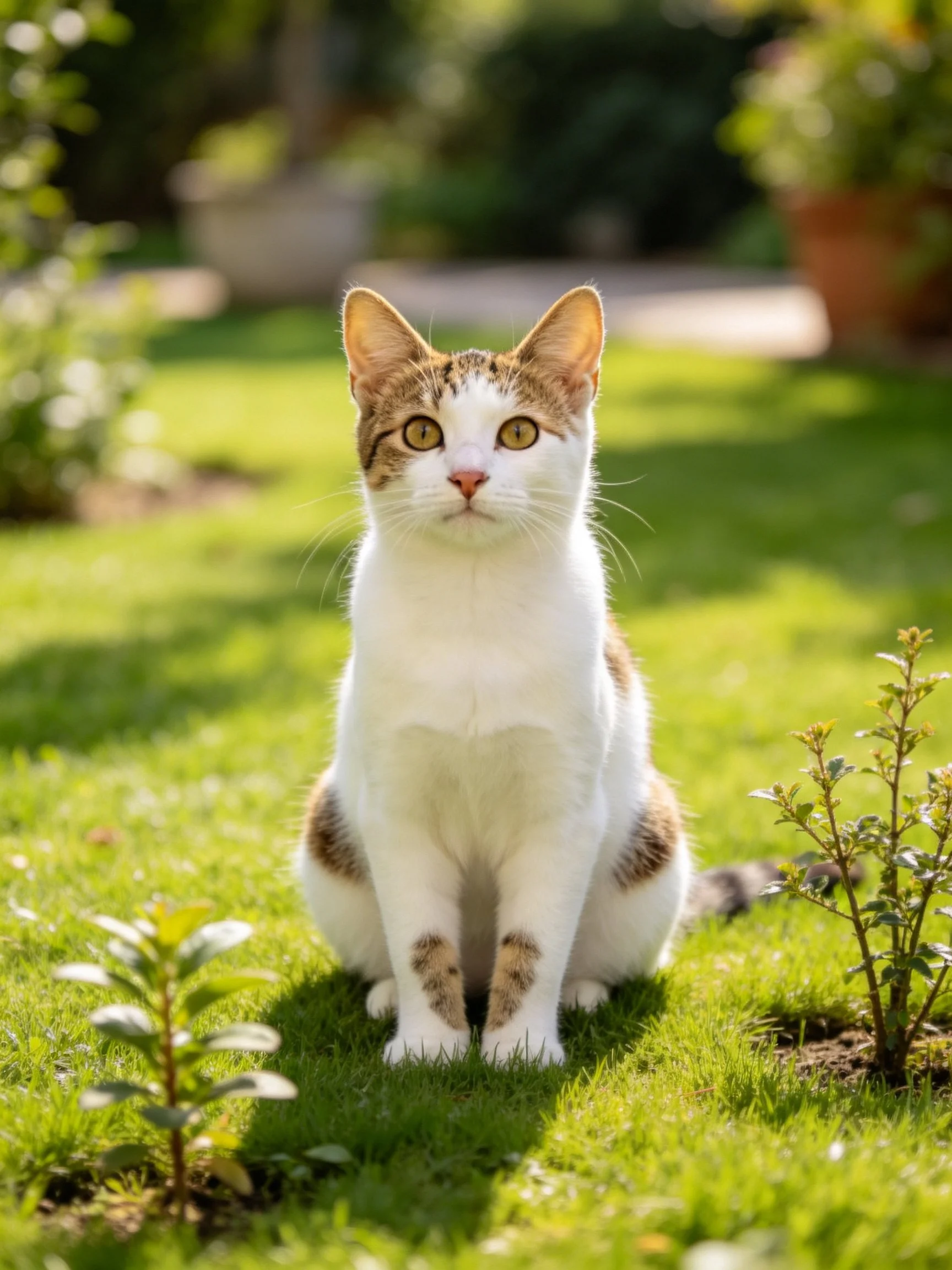 A white and brown cat sits on sun-drenched green grass