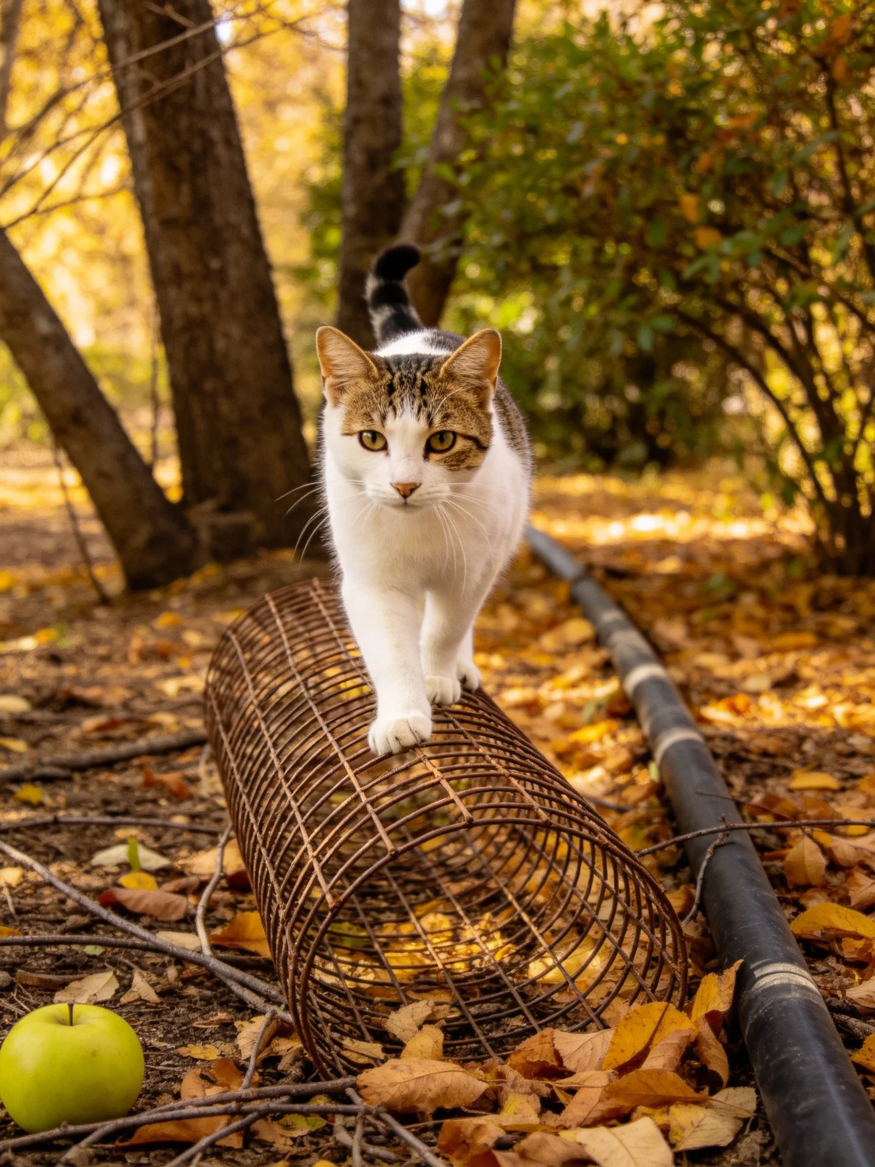 A white-and-brown cat walks on a wire cylinder amid autumn leaves and a green apple