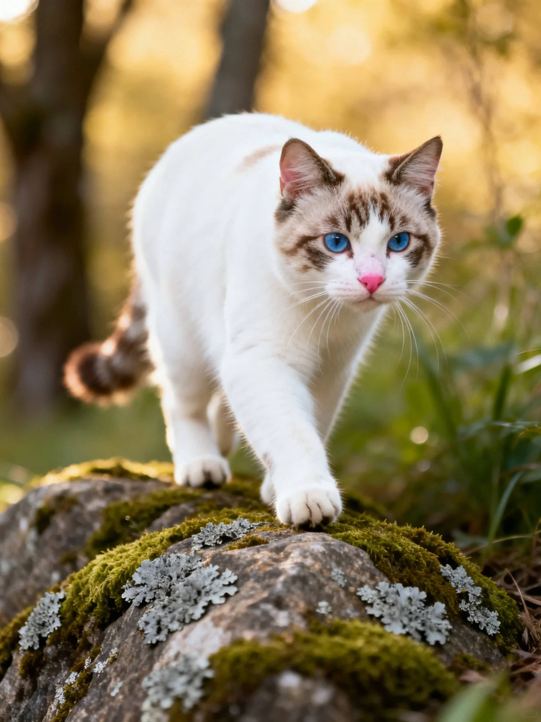 A cat with white and brown fur explores a mossy rock in nature.