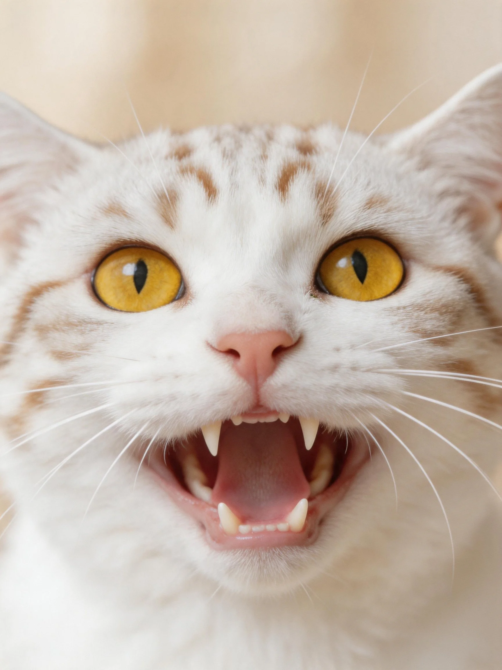A close - up of a white and brown cat opening yellow eyes opening its mouth