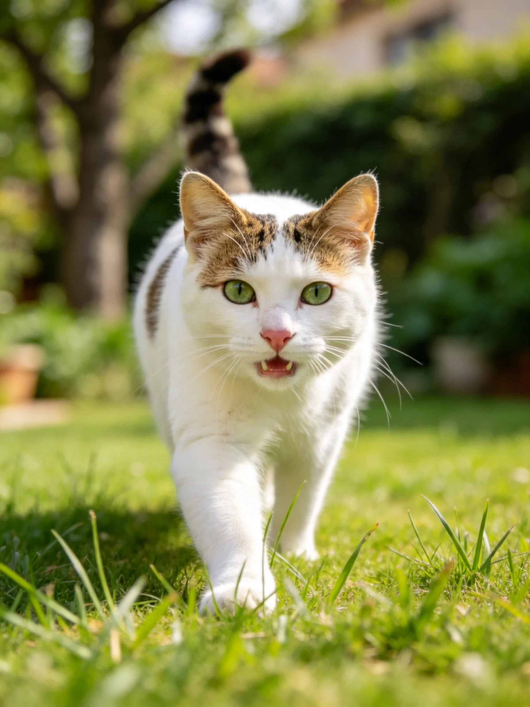 A white and brown cat with green eyes approaches the viewer on grass.