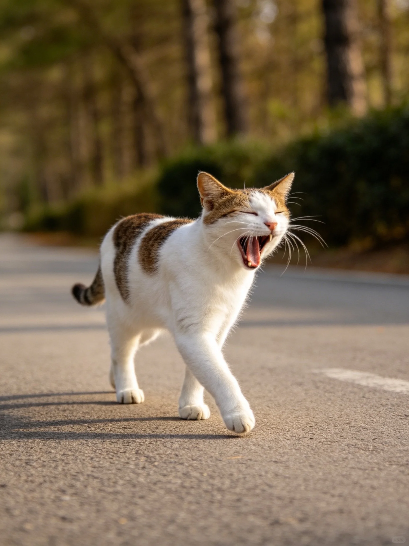 A white and brown cat yawns while walking on a sunlit paved road