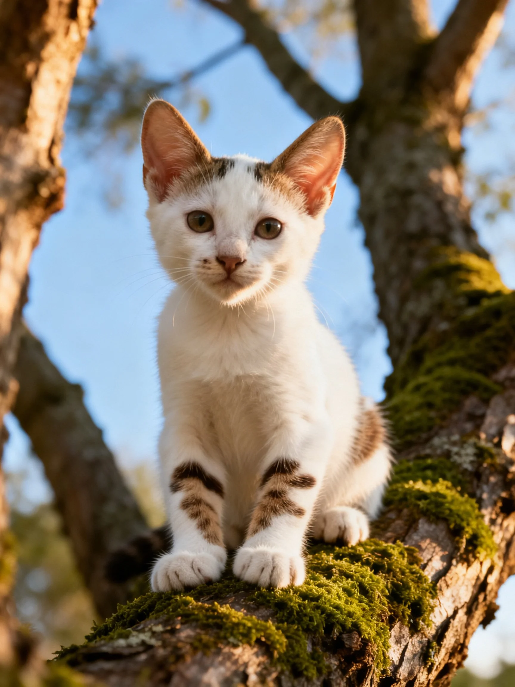 A small white and brown kitten sits on a moss-covered tree branch outdoors.
