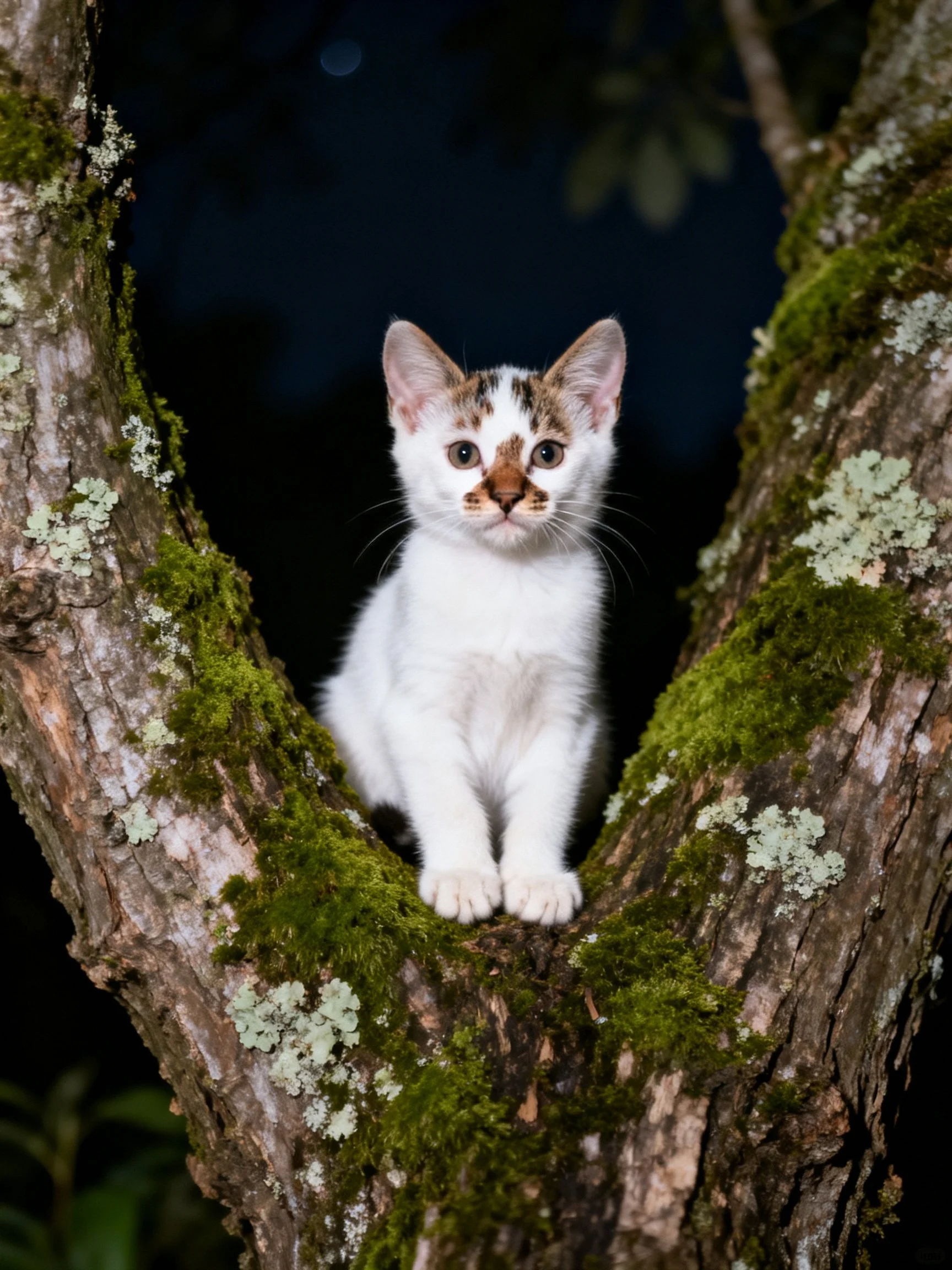 A small white and brown kitten sits calmly among tree branches covered in moss during nighttime.