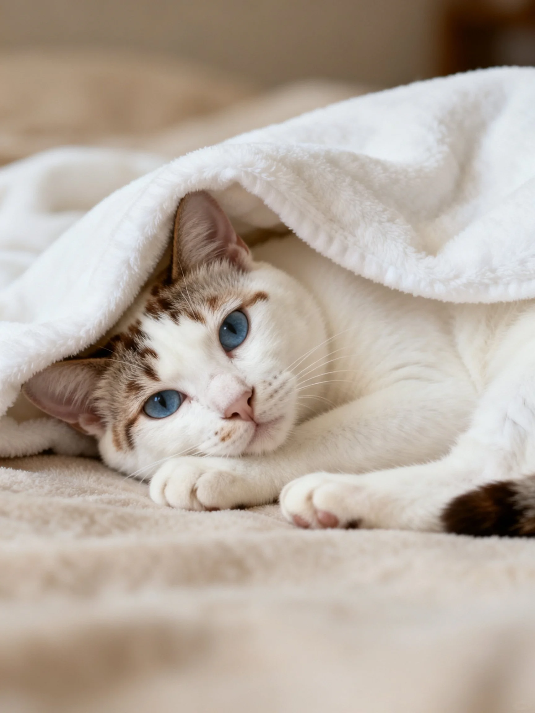 A white and brown-spotted cat with blue eyes rests under a soft white blanket.