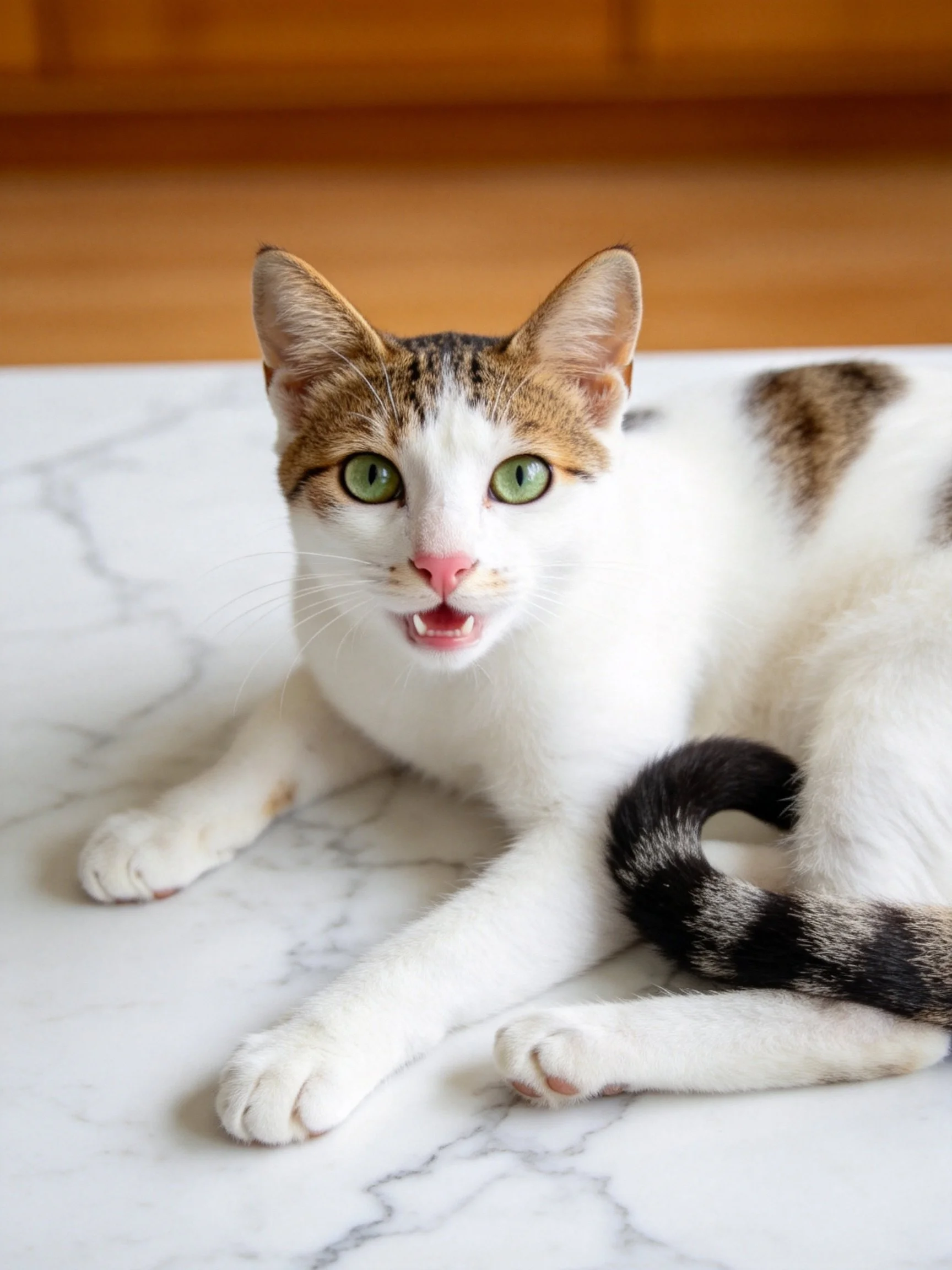 A white and brown-spotted cat with green eyes rests on a marble surface.