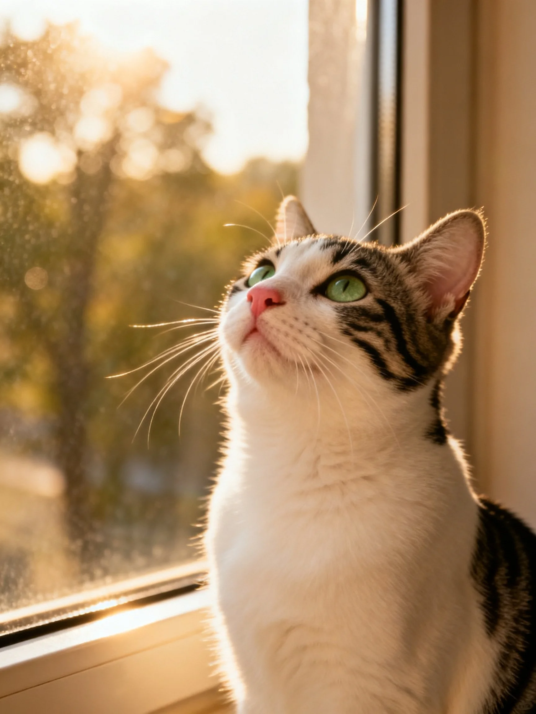 A white and brown tabby cat gazes upward by a sunlit window