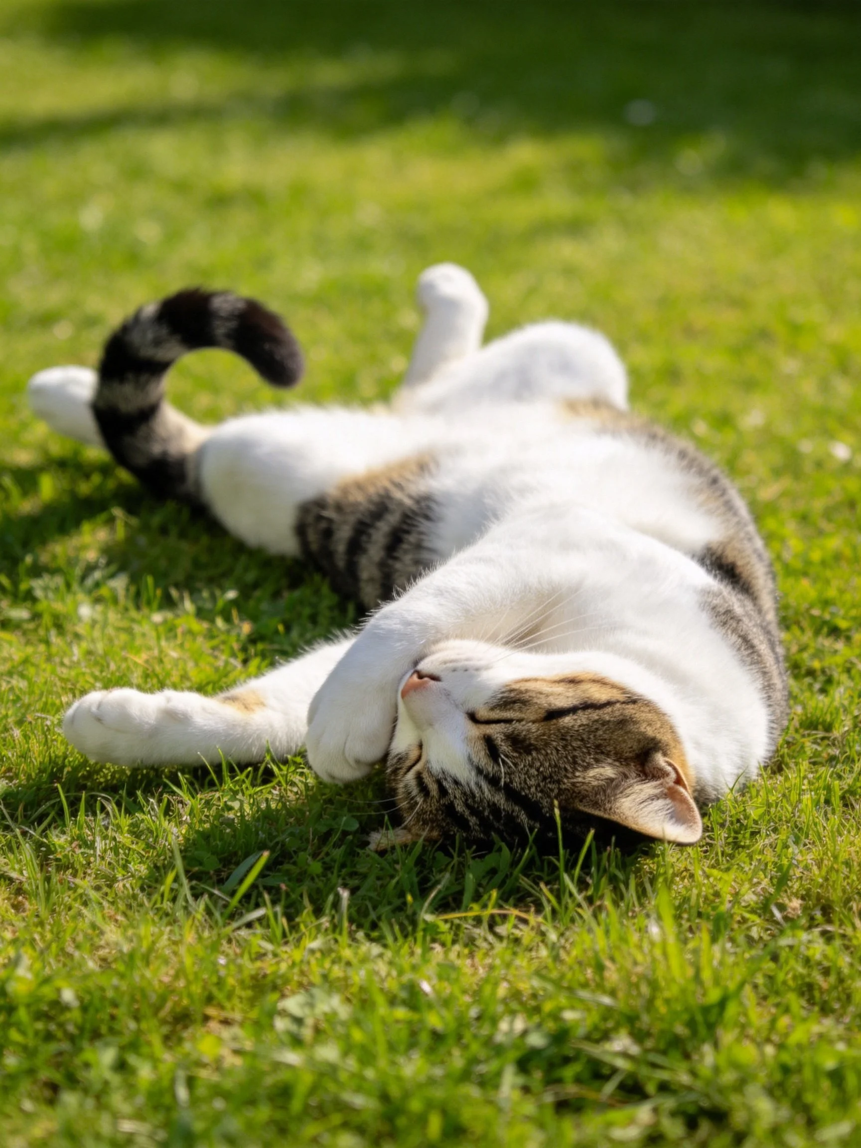 A white and brown tabby cat relaxes on lush green grass