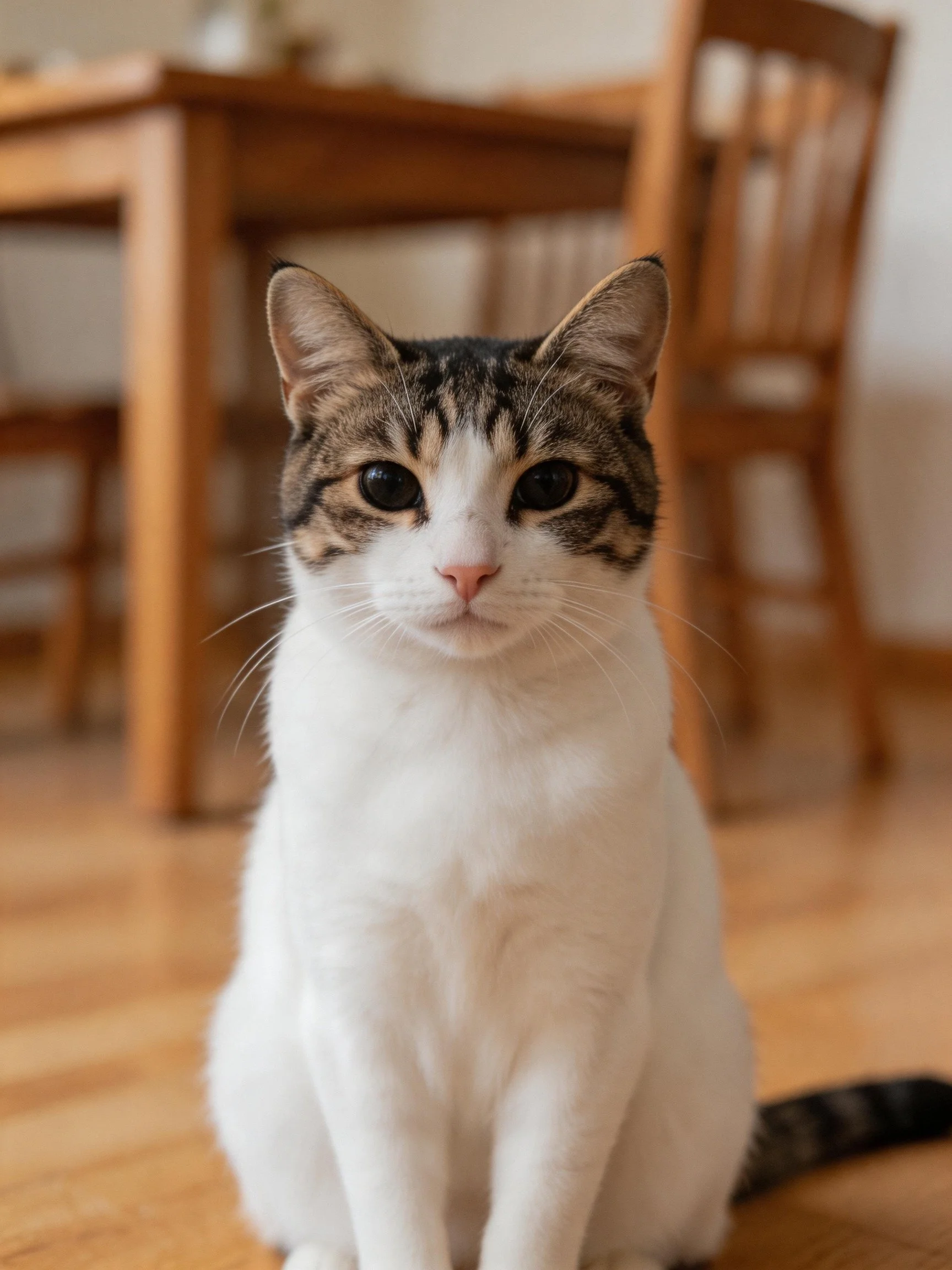 A white and brown tabby cat sits calmly near wooden furniture indoors.