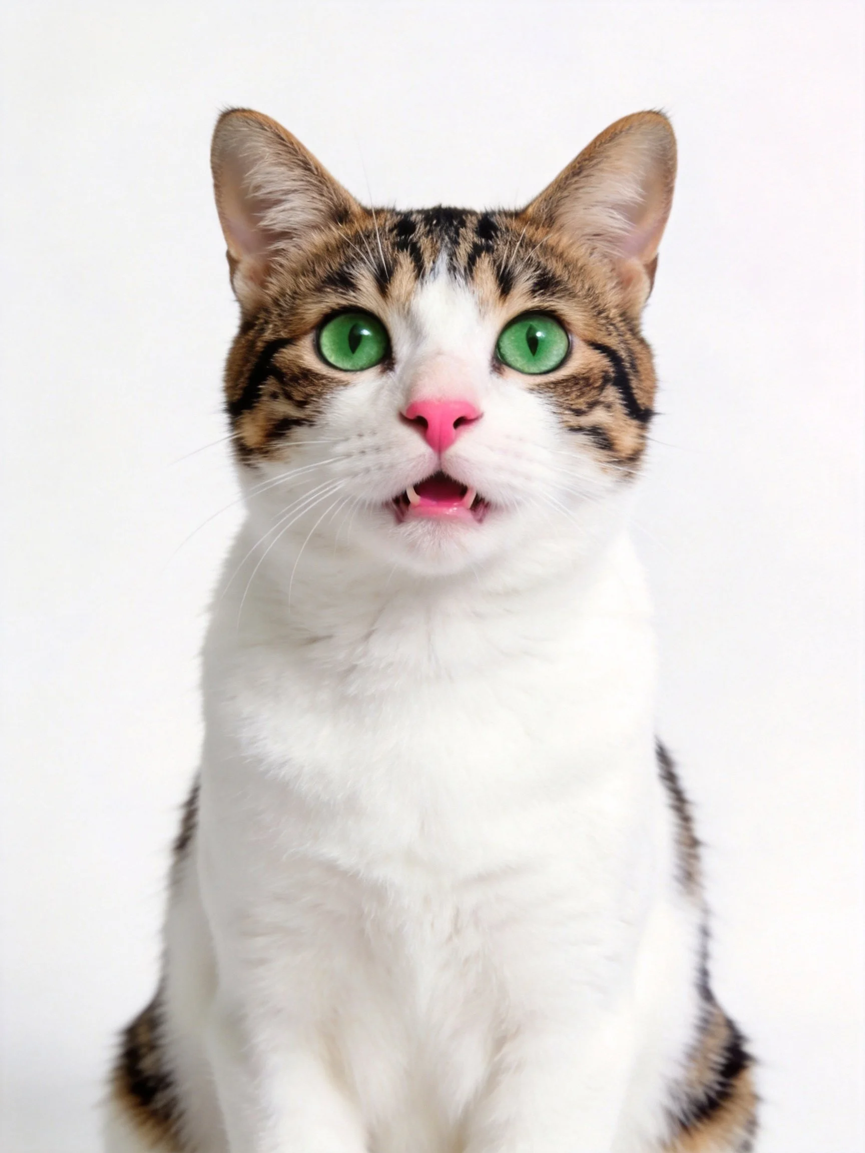 A white and brown tabby cat with green eyes sits against a plain white background.