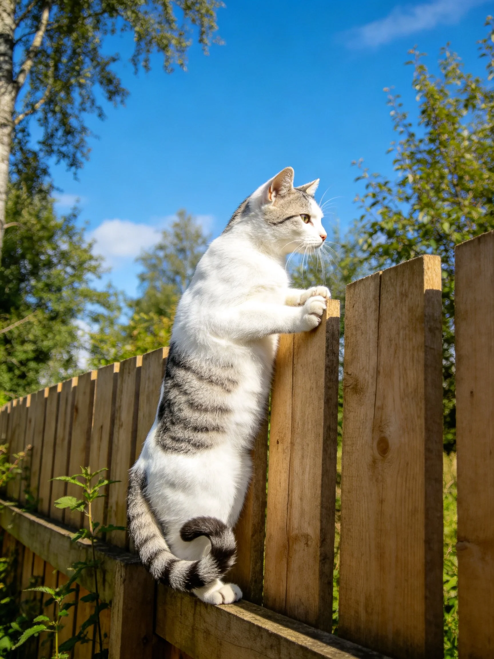 A white and gray cat climbs a wooden fence outdoors