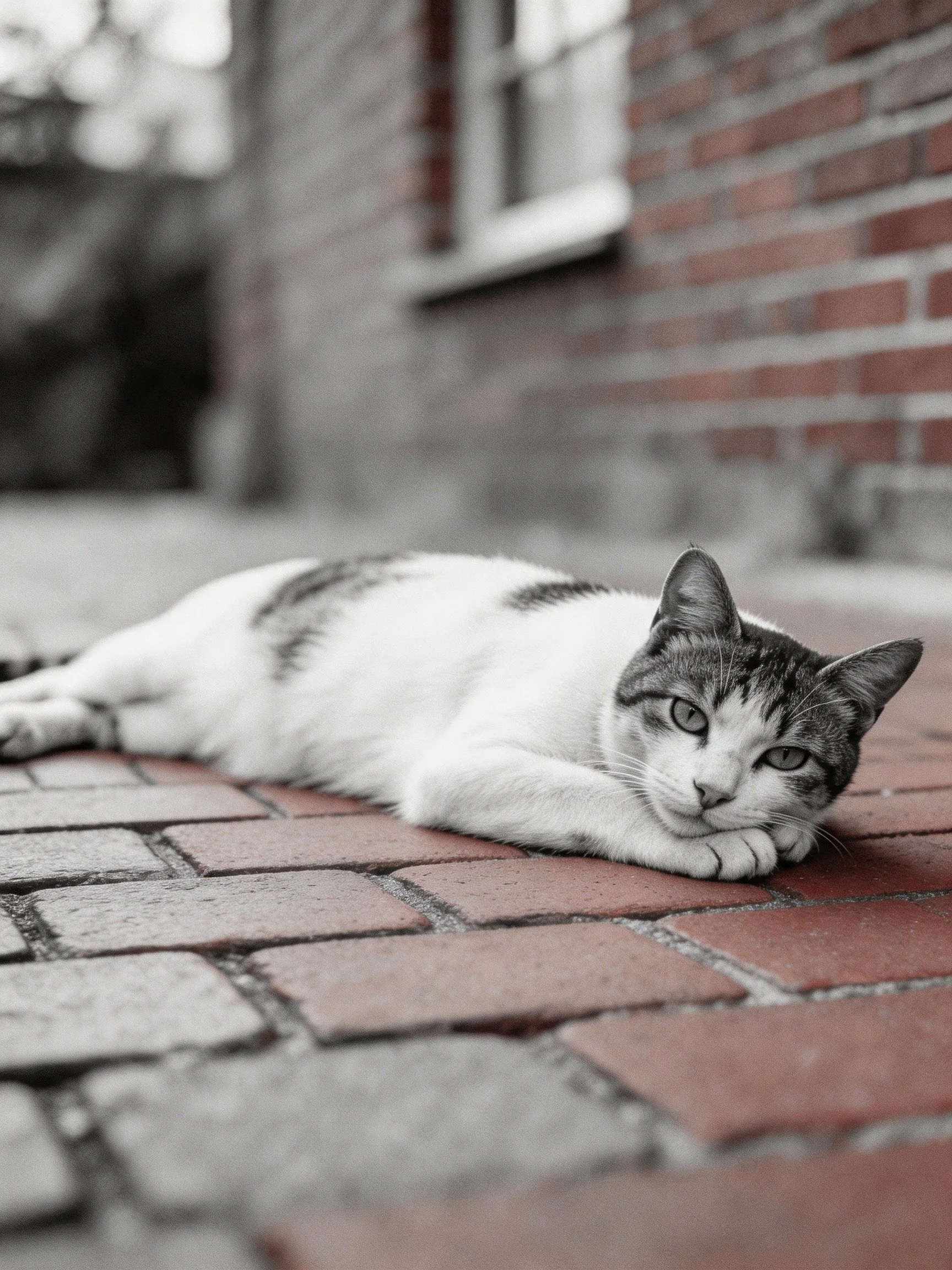 A white and gray cat lies on red-brick pavement beside a brick wall