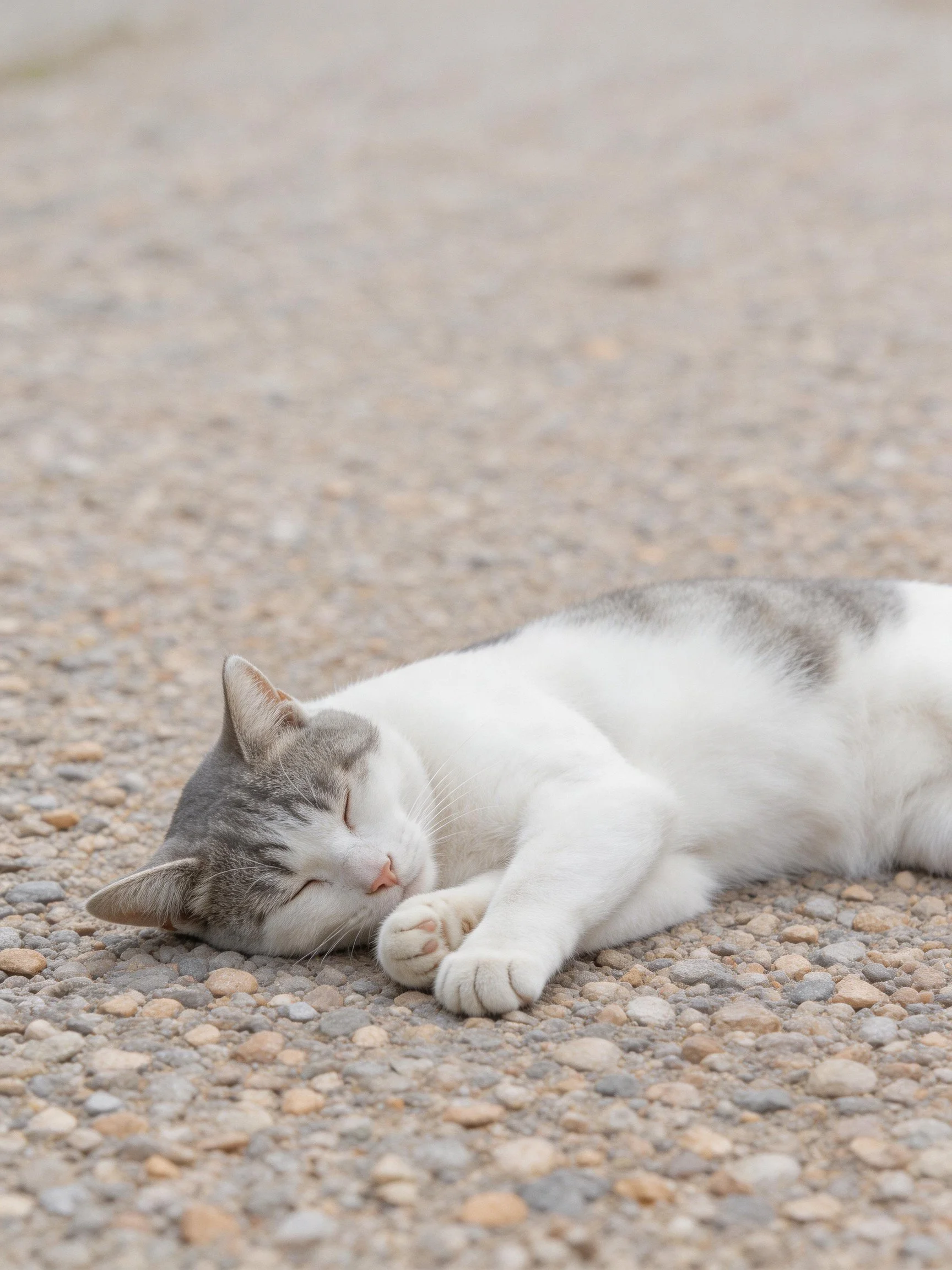 A white and gray cat napping on a gravel path
