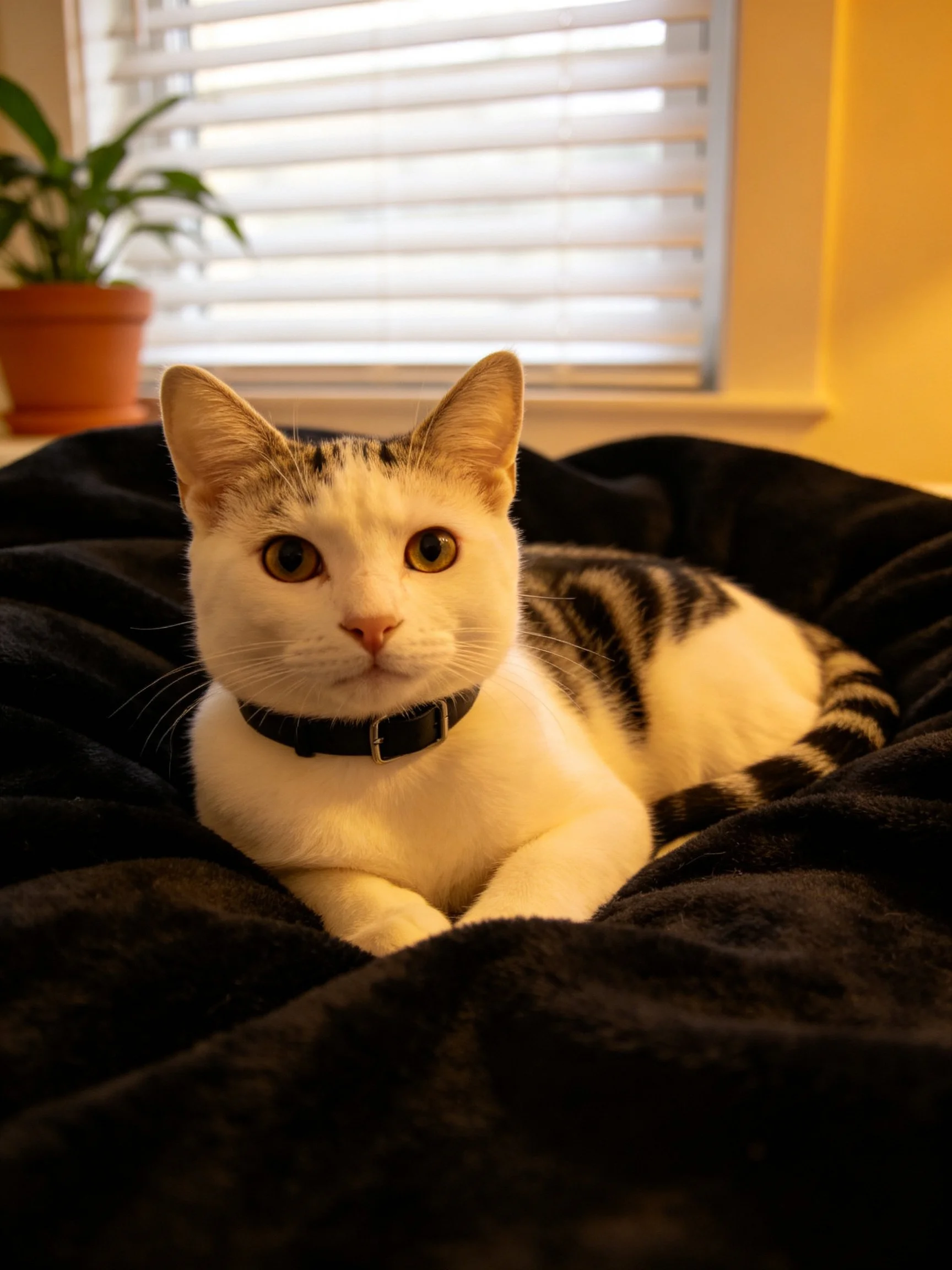 A white and gray cat relaxes on a black blanket by a window.