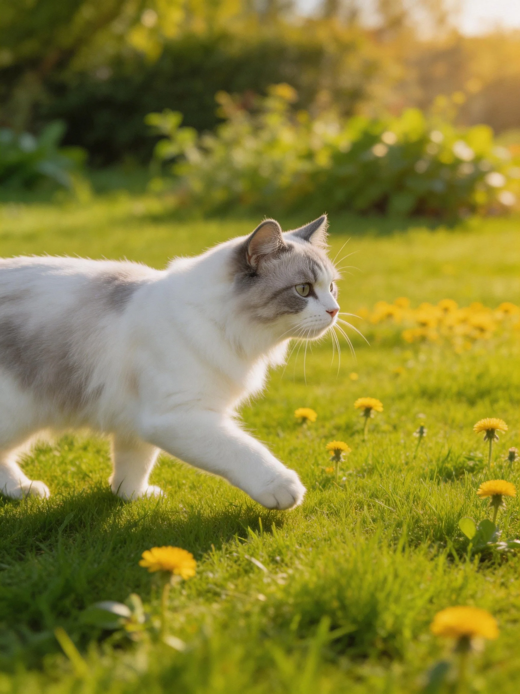 A white and gray cat explores a sunlit meadow with yellow flowers.