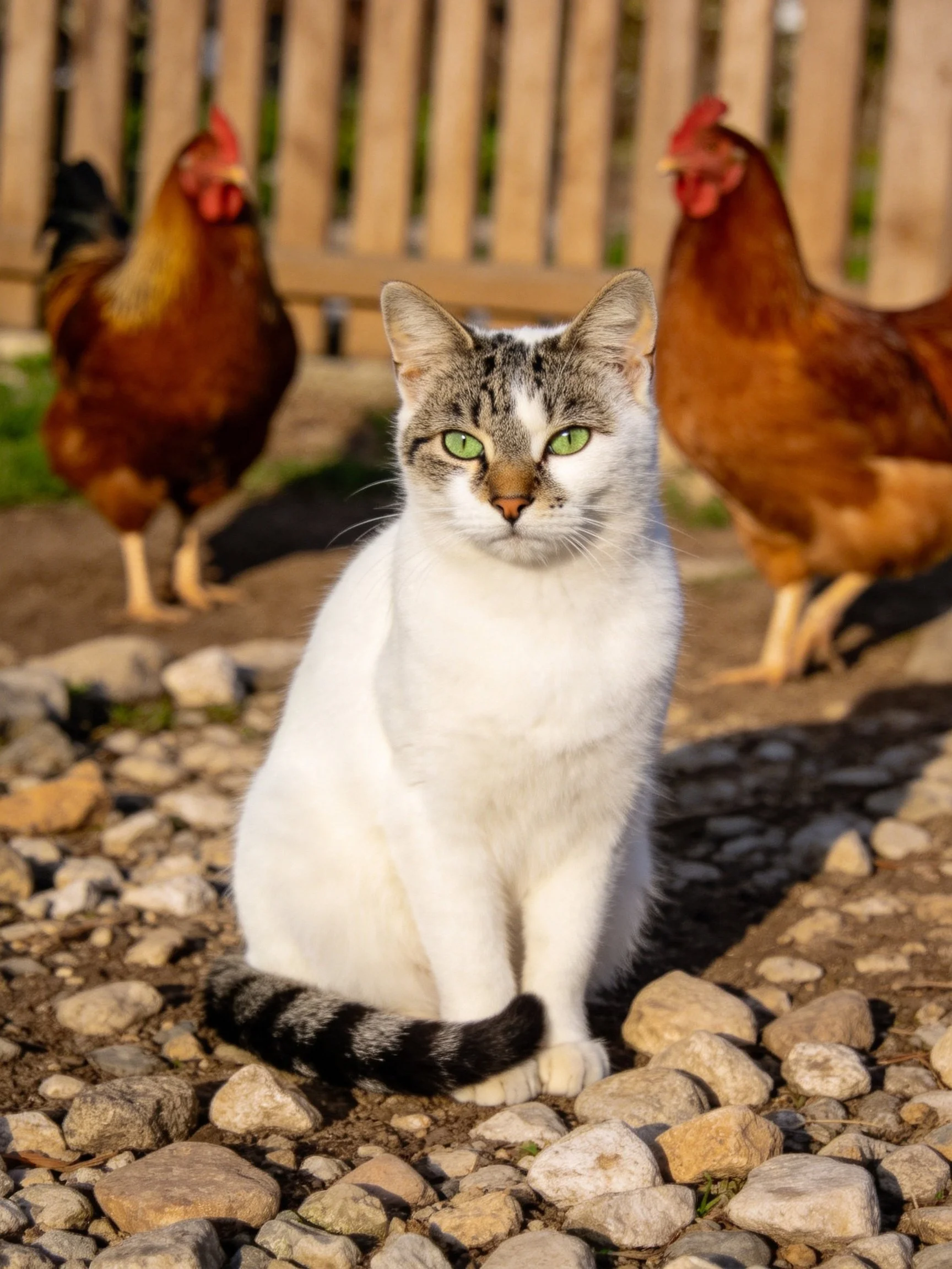 A white and gray cat sits on pebbles next to two brown chickens outside near a wooden fence