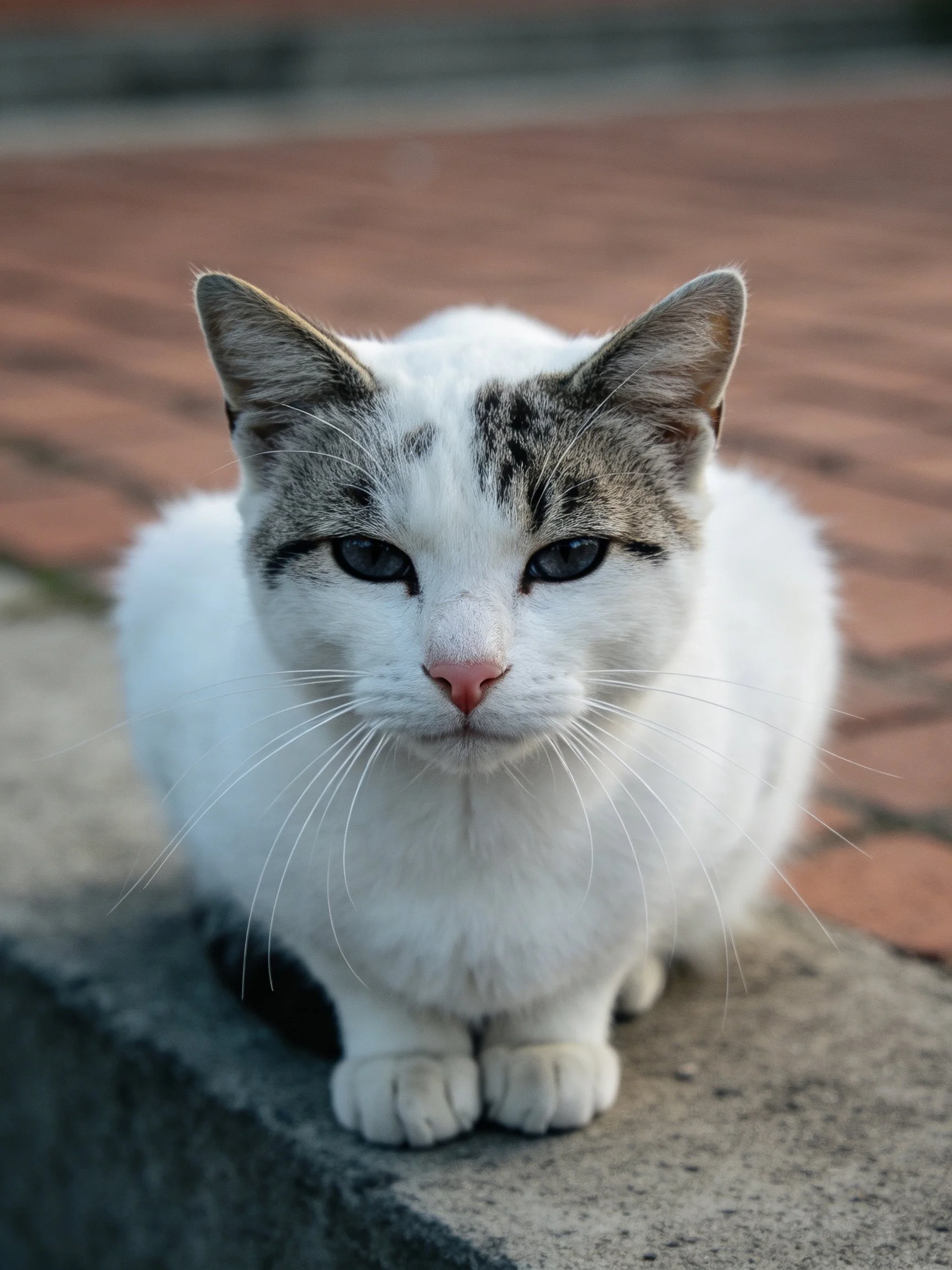 A white and gray cat sits on a concrete ledge near a brick walkway