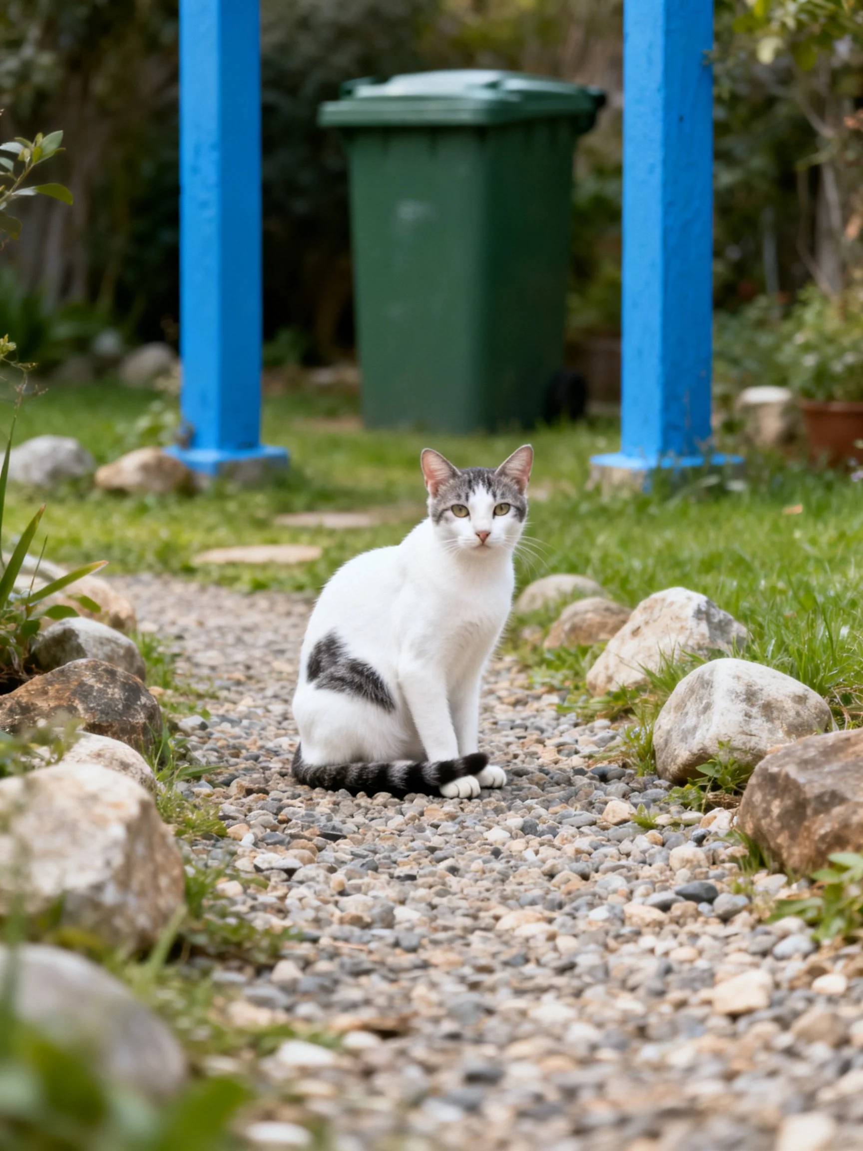 A white and gray cat sits on a gravel path near blue poles and a green trash bin