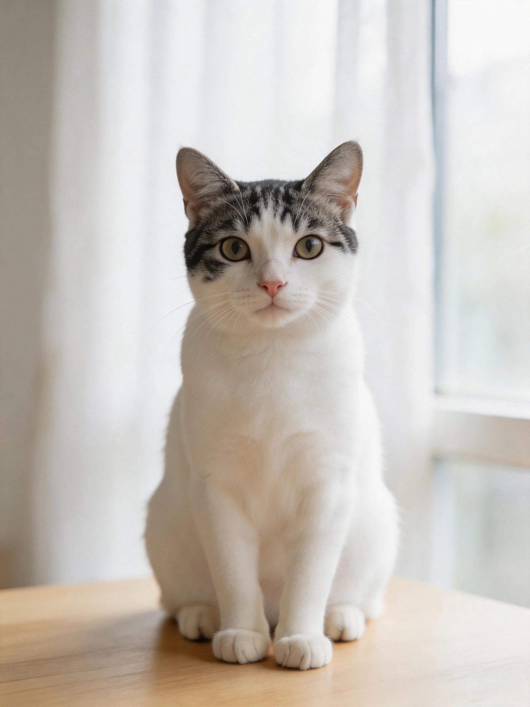 A white and gray cat sits calmly on a wooden table by a bright window.
