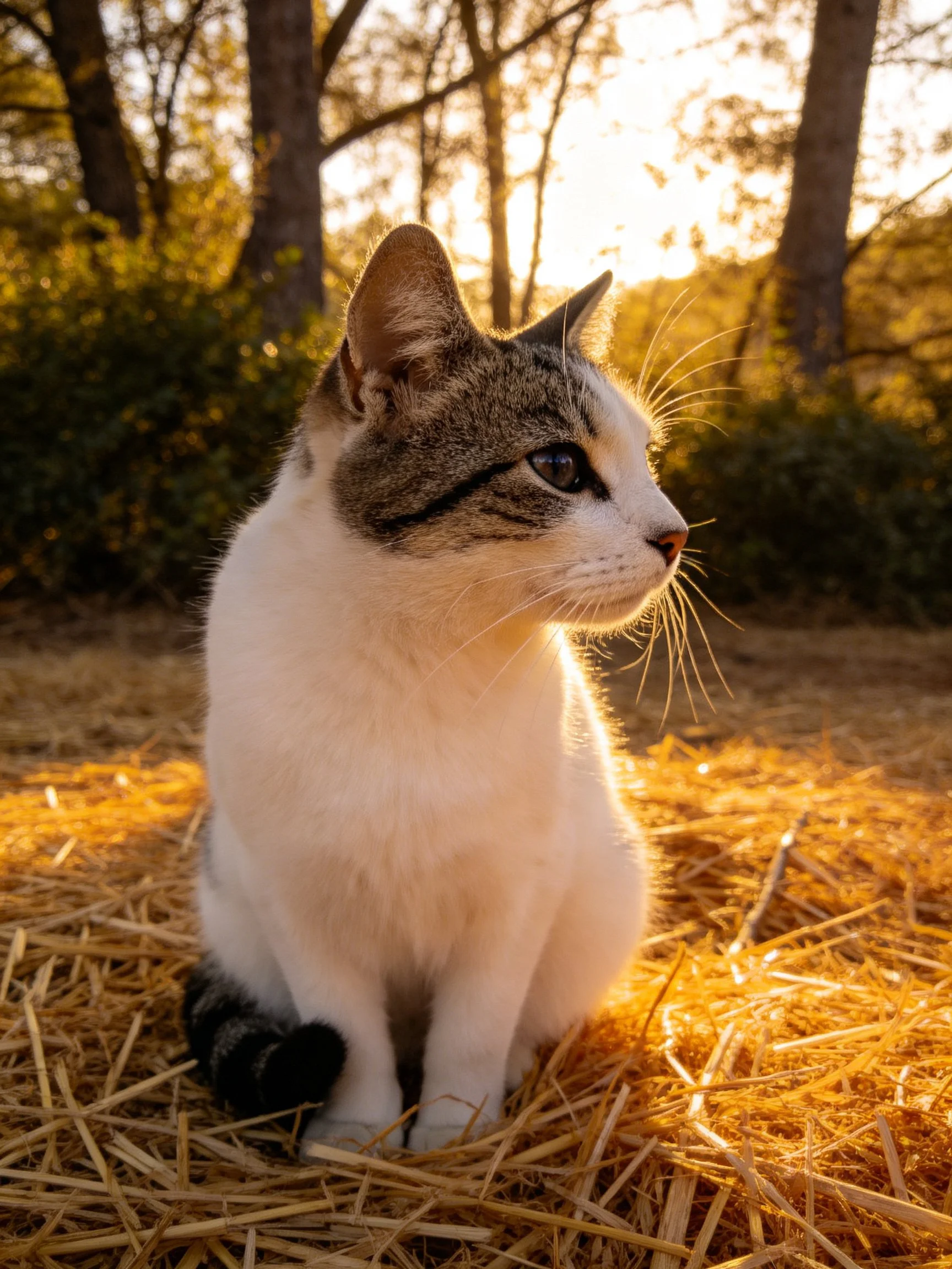 A cat with white and gray fur sits on straw in a sunlit wooded area.