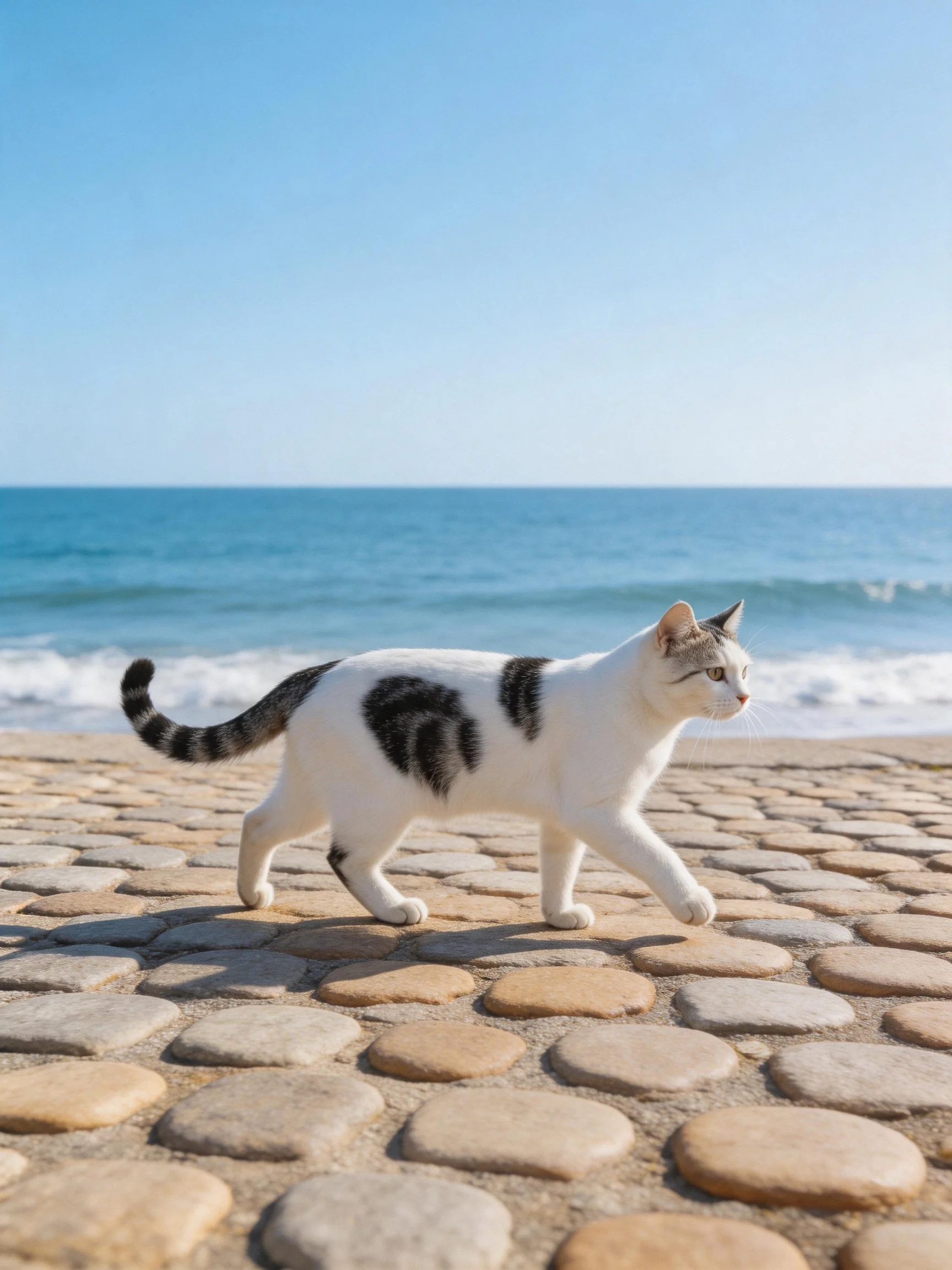 A white and gray cat walks along a cobblestone path near the ocean