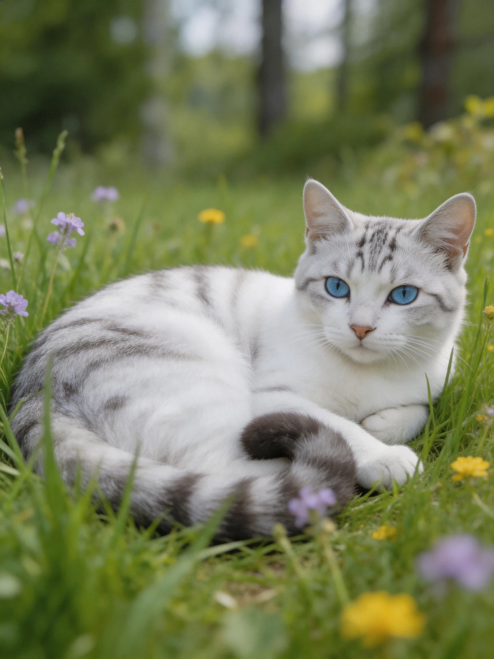 A white and gray cat with blue eyes relaxes amid wildflowers in a grassy area.